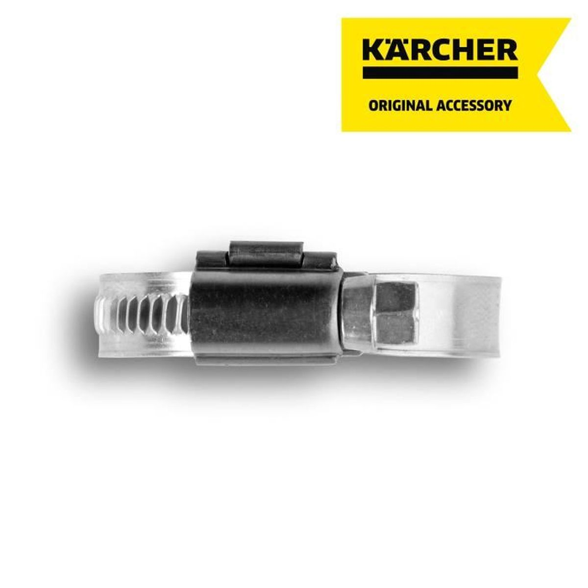 Metall-Schlauchschelle mit schwarzer Stellschraube. Gelbes Kärcher-Logo und Text 'Original Zubehör'.
