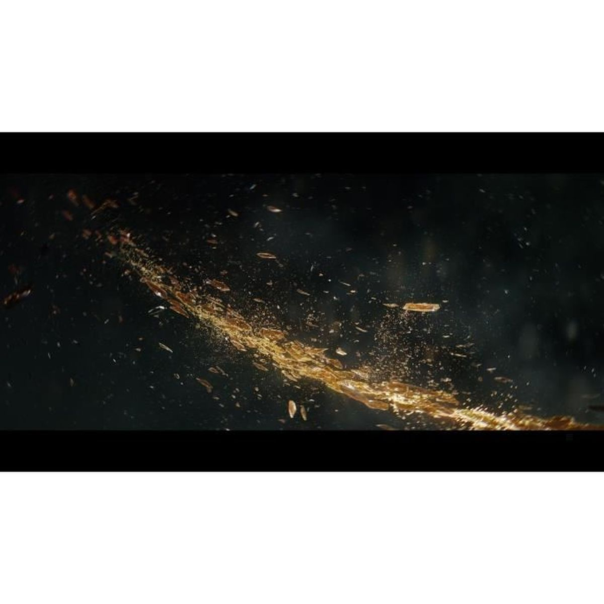 Abstrakcyjne złote smugi światła na ciemnym tle, przypominające eksplozje.