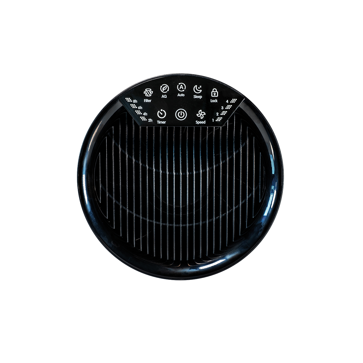 Un purificatore d'aria nero. Ha fessure verticali e pulsanti di controllo. Un design rotondo.