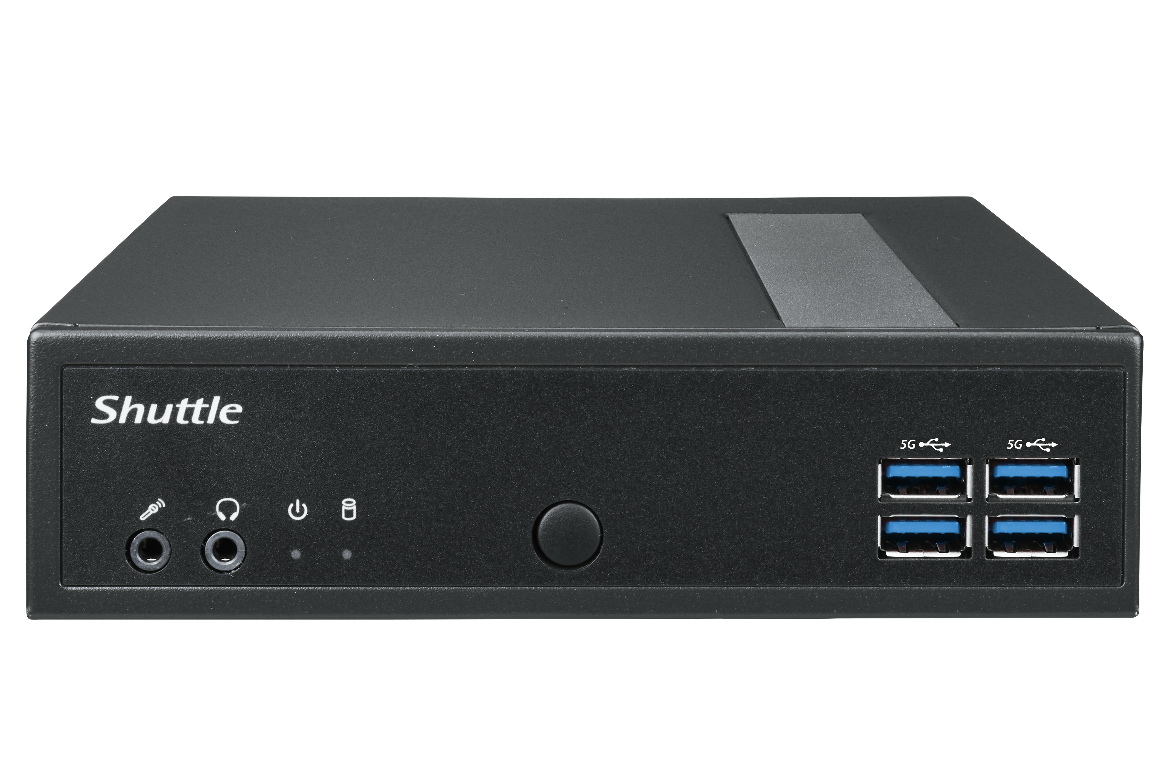 Mini PC Shuttle nero. Vista frontale. Ha pulsante di accensione, porte USB e jack audio.