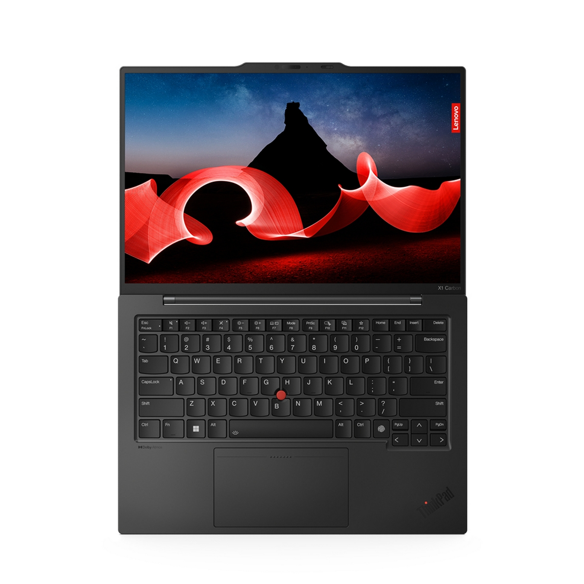 Laptop Lenovo nero, aperto su bianco, mostra un design astratto colorato sullo schermo.