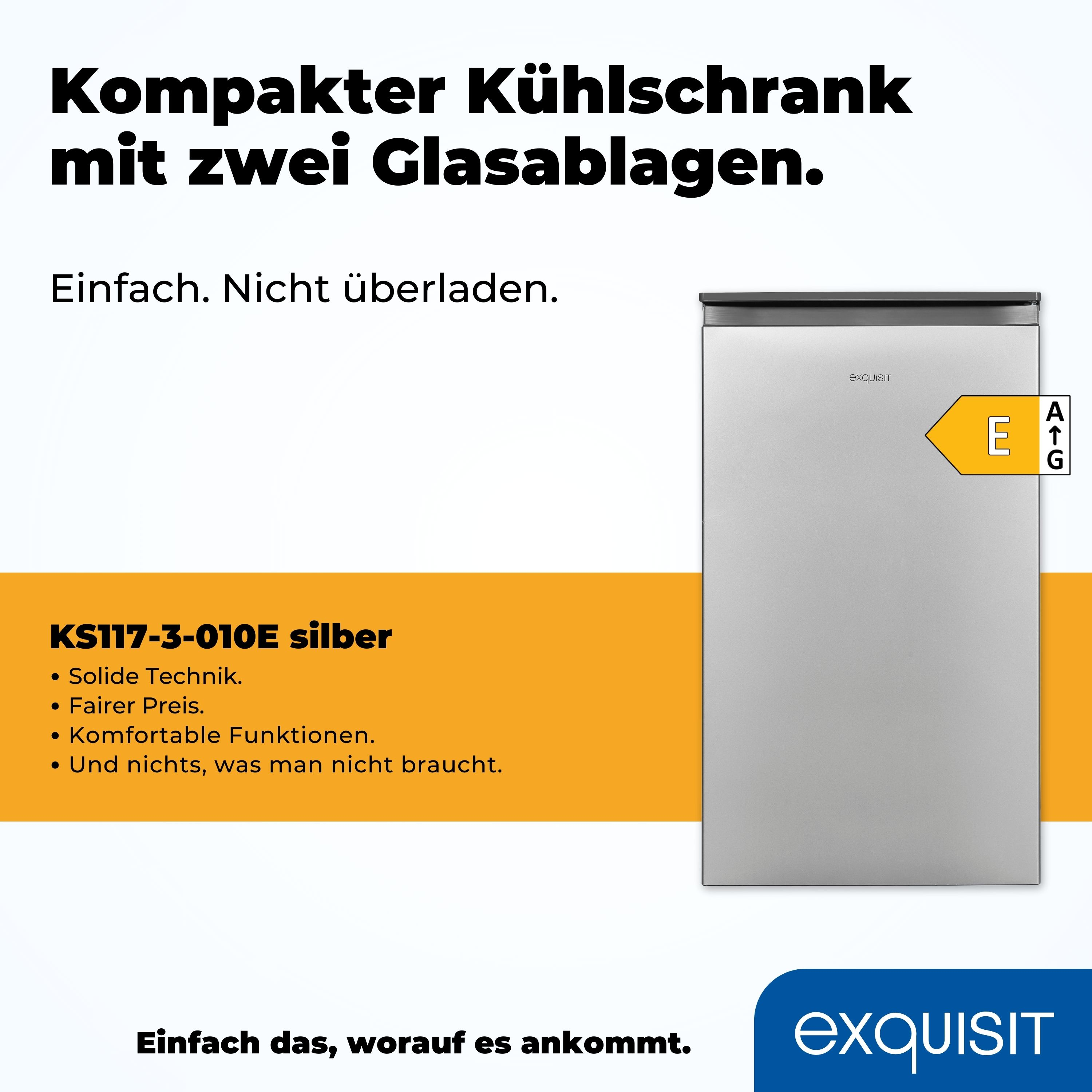 Silberner Kühlschrank mit schwarzer Oberseite, Informationen auf der Vorderseite. Weißer Hintergrund, orangefarbener und blauer Text.