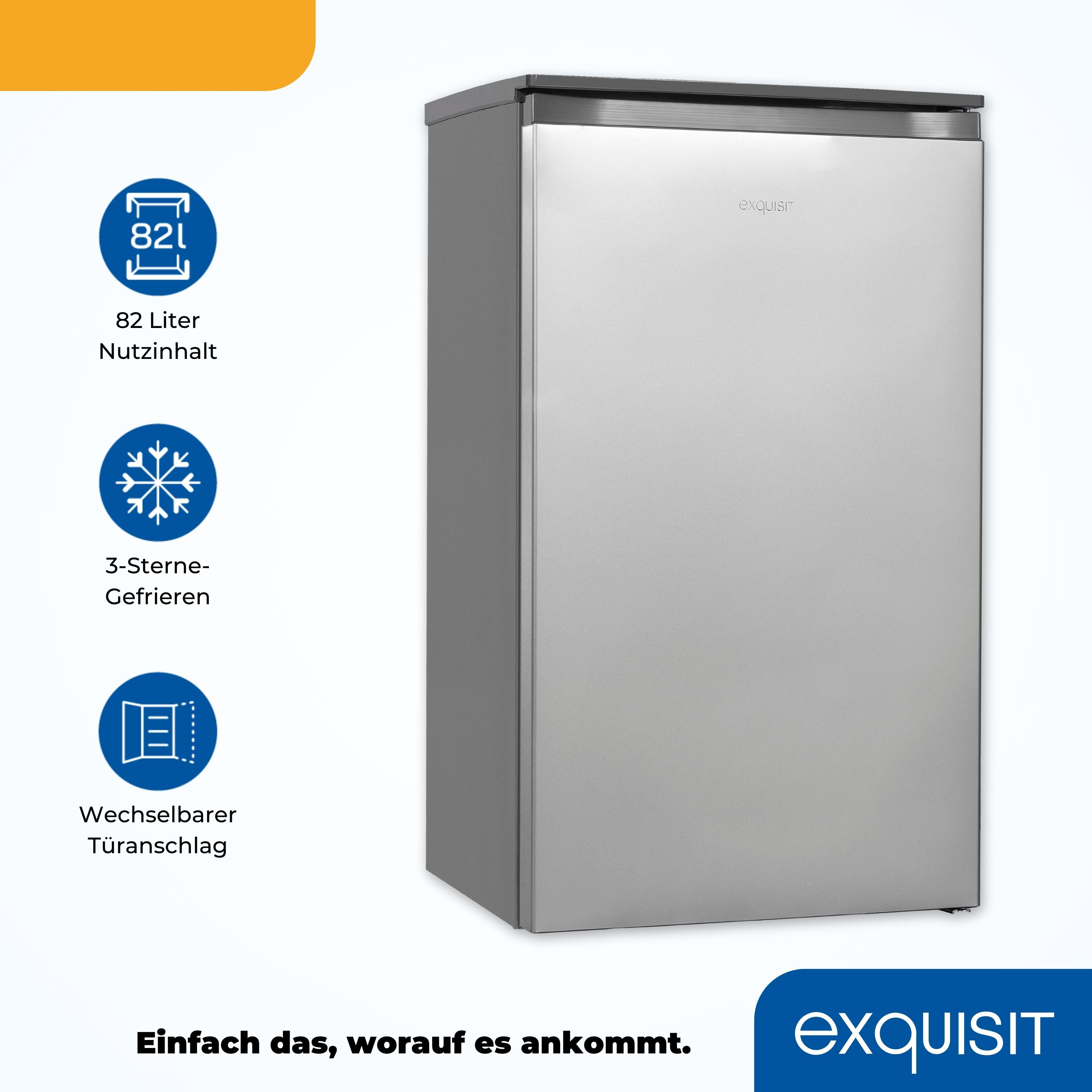 Ein kleiner silberner Kühlschrank mit blauen Symbolen, die Kapazität, das Gefrieren und die reversible Tür zeigen.