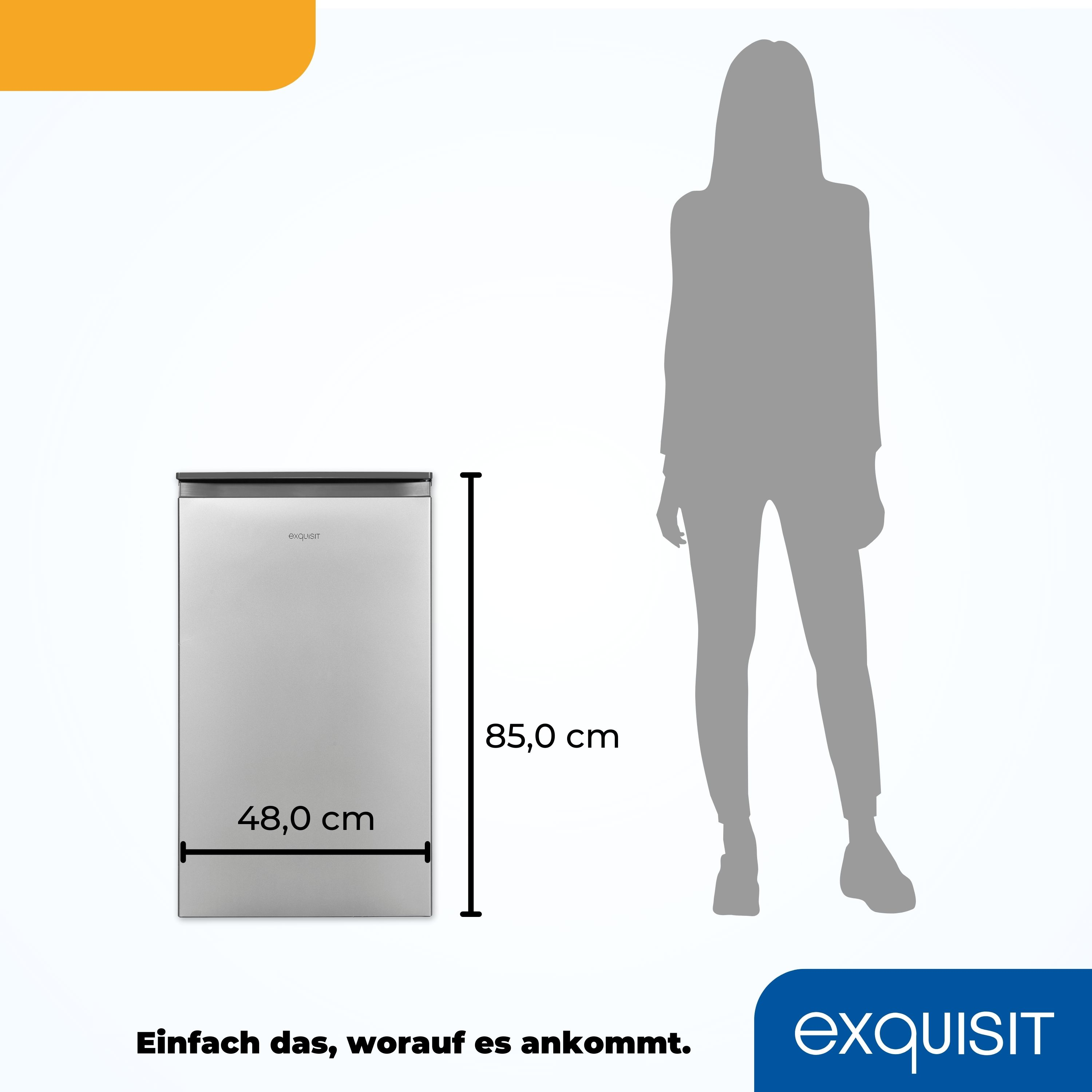 Ein silberner Kühlschrank neben einer grauen Silhouette einer Person. Abmessungen sind angegeben.