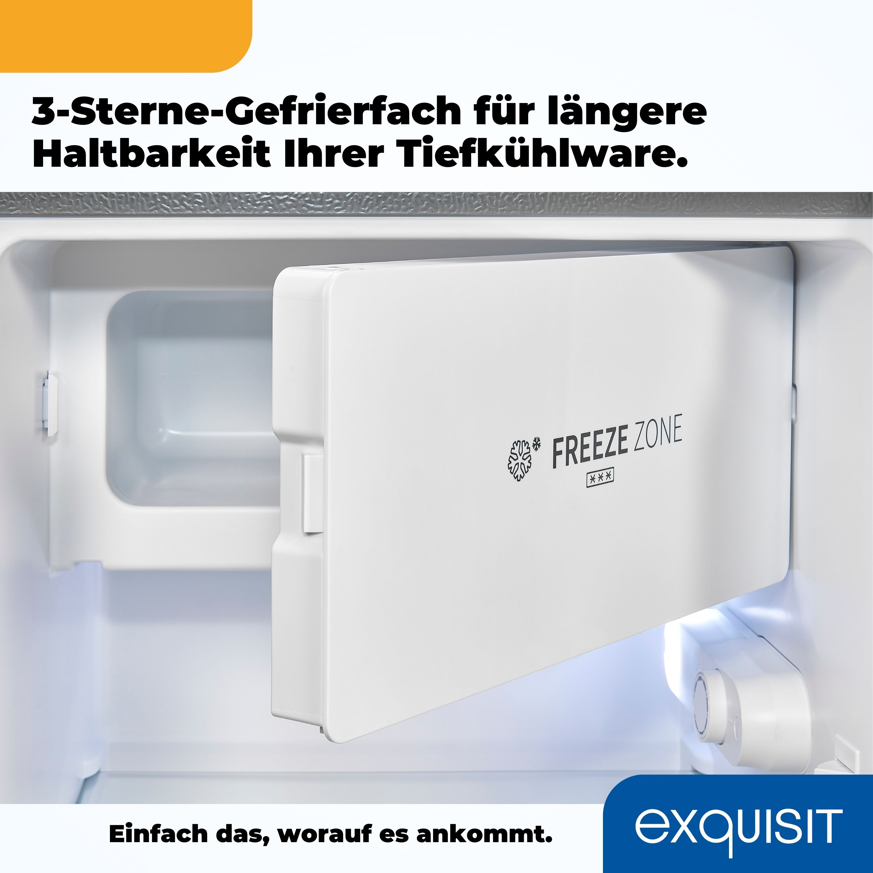 Weiße Gefrierschublade in einem Kühlschrank. Text sagt 'Freeze Zone'.