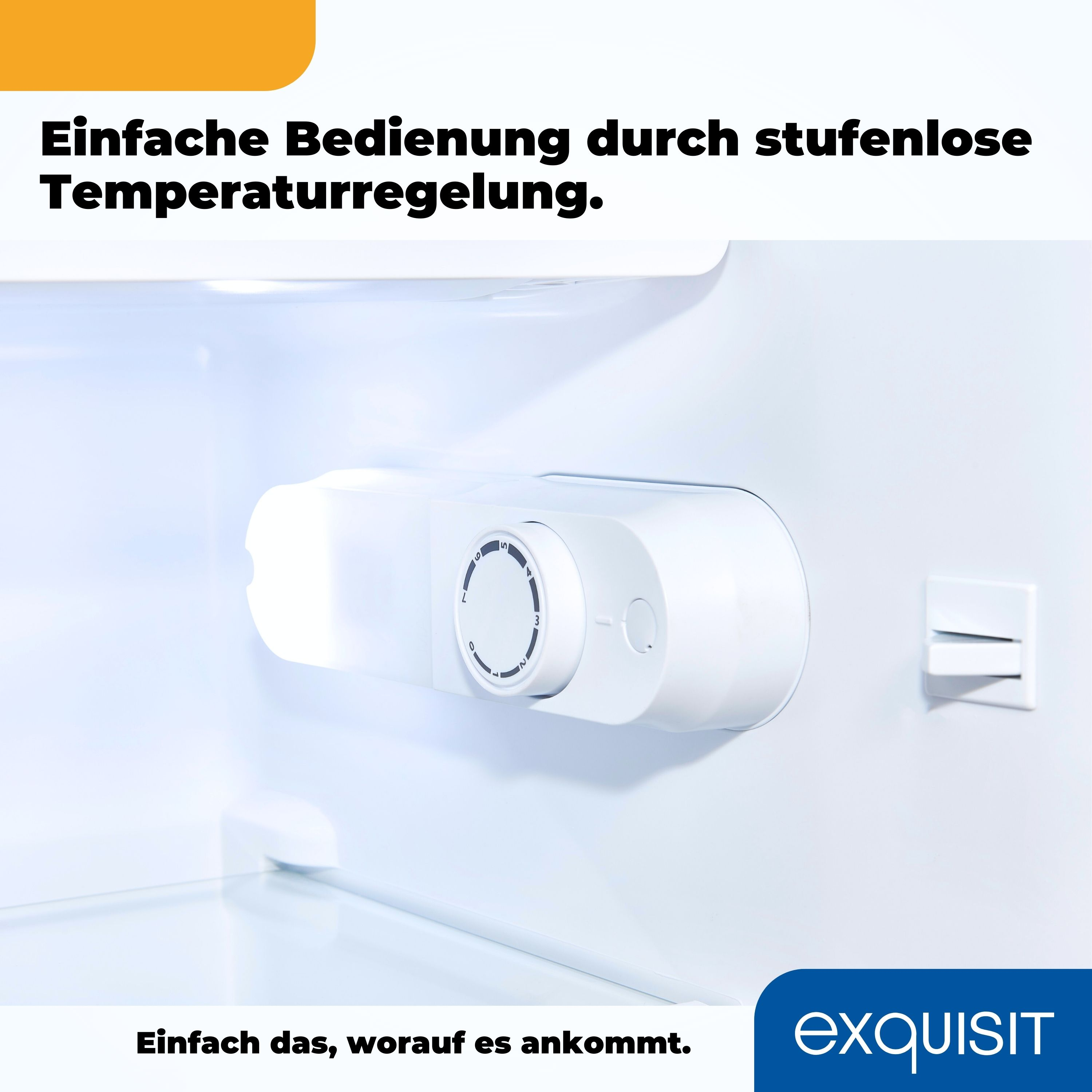 Innenraum eines Kühlschranks mit Temperaturregler. Text: Einfache Bedienung durch stufenlose Temperaturregelung.