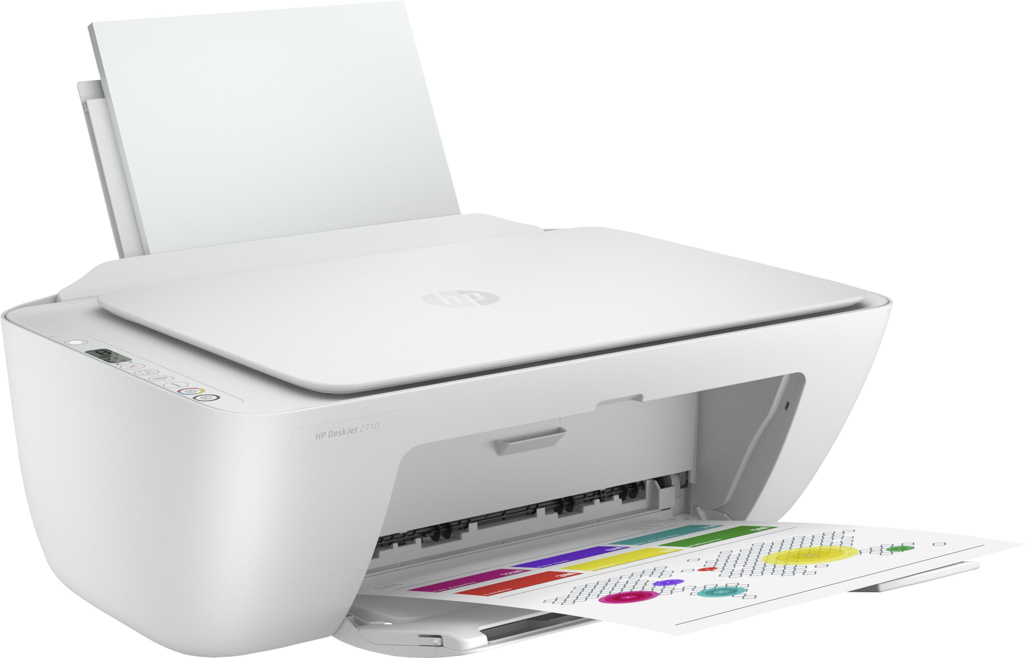 Weißer HP DeskJet Drucker mit geöffneter Oberseite und Papier mit Farbmustern.