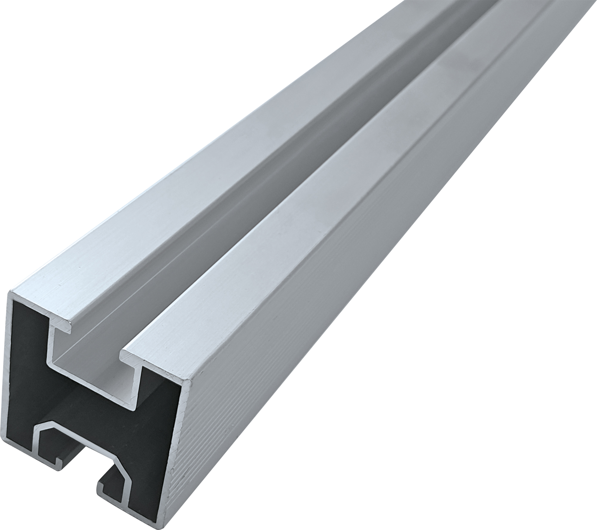 Ein silberner, rechteckiger Metallstab mit einem Kanal entlang seiner Länge.