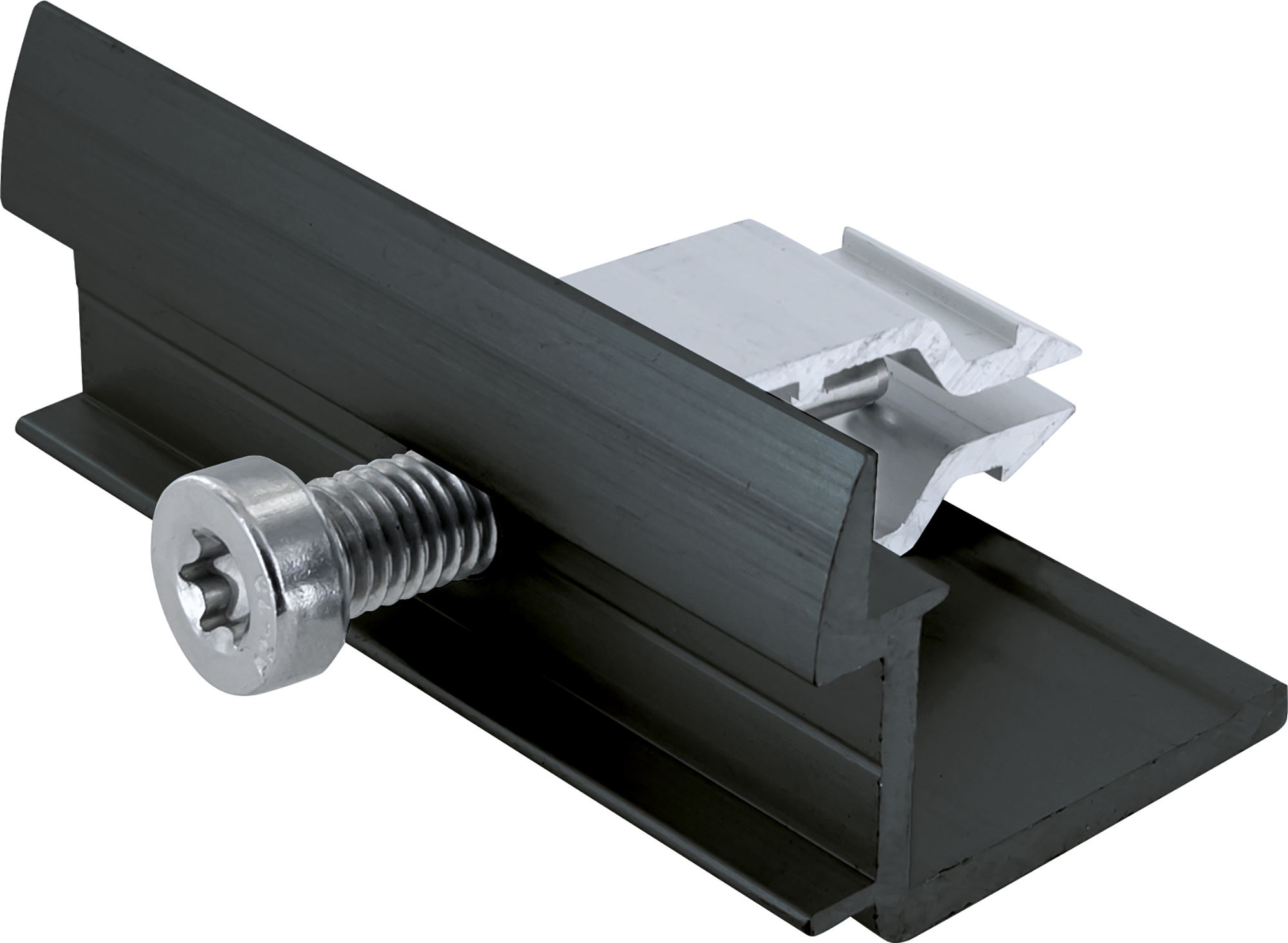 Nahaufnahme einer schwarzen Metallhalterung mit Schraube und silbernem Metallteil.