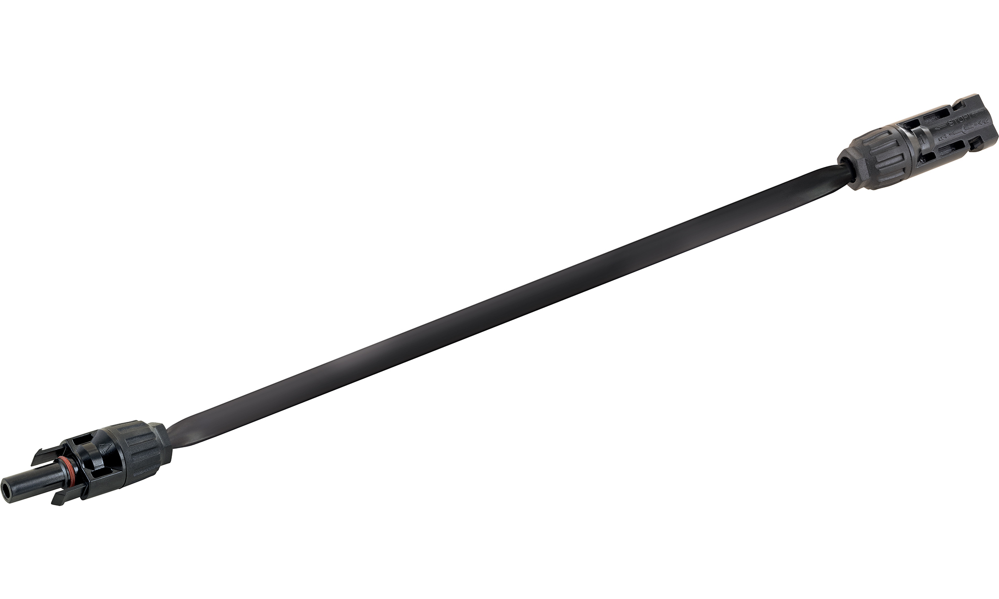 Czarny kabel ze złączami na obu końcach. Kabel jest prosty i ustawiony poziomo.