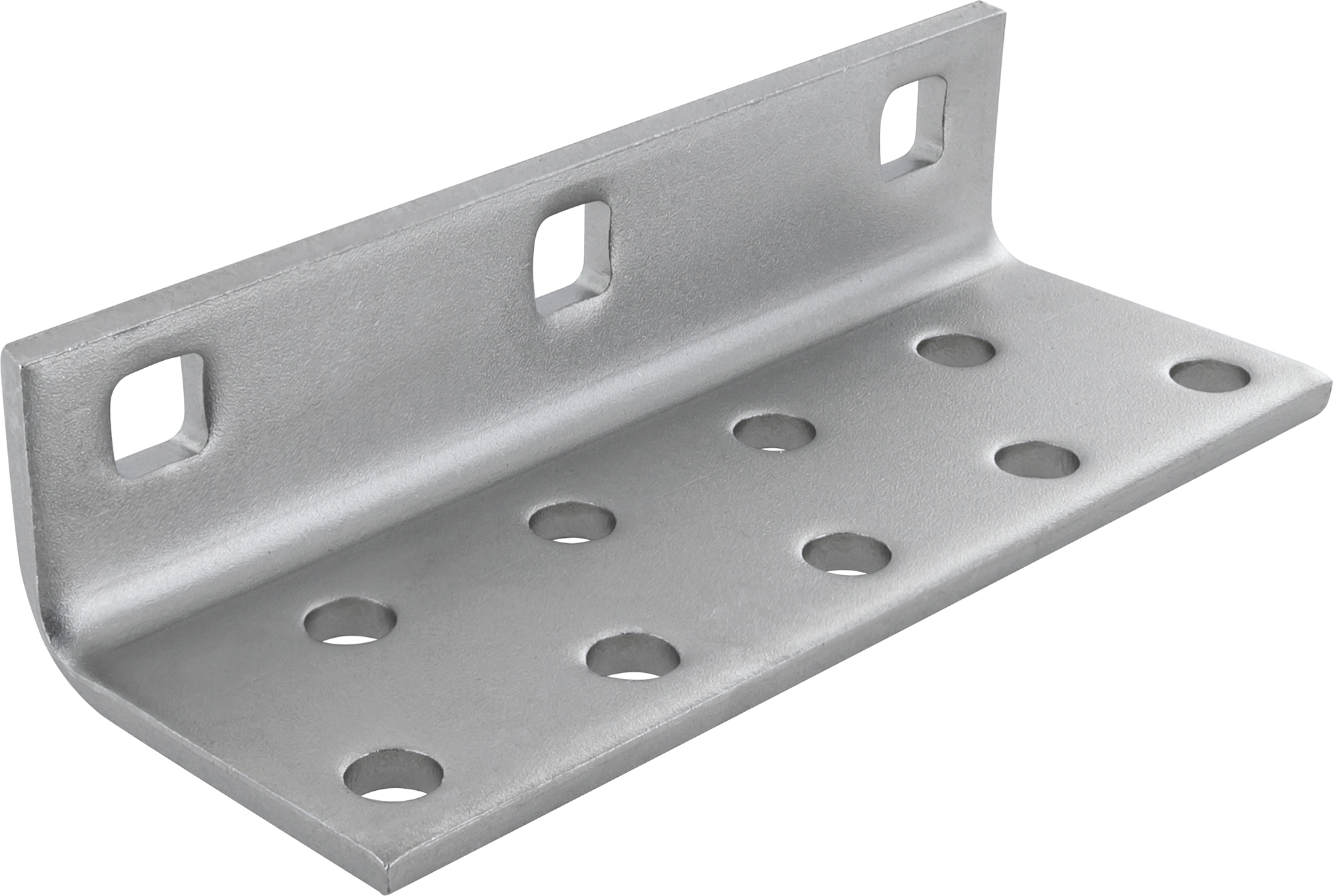 Metallwinkel mit mehreren Löchern, aus einem Winkel auf weißem Hintergrund betrachtet.