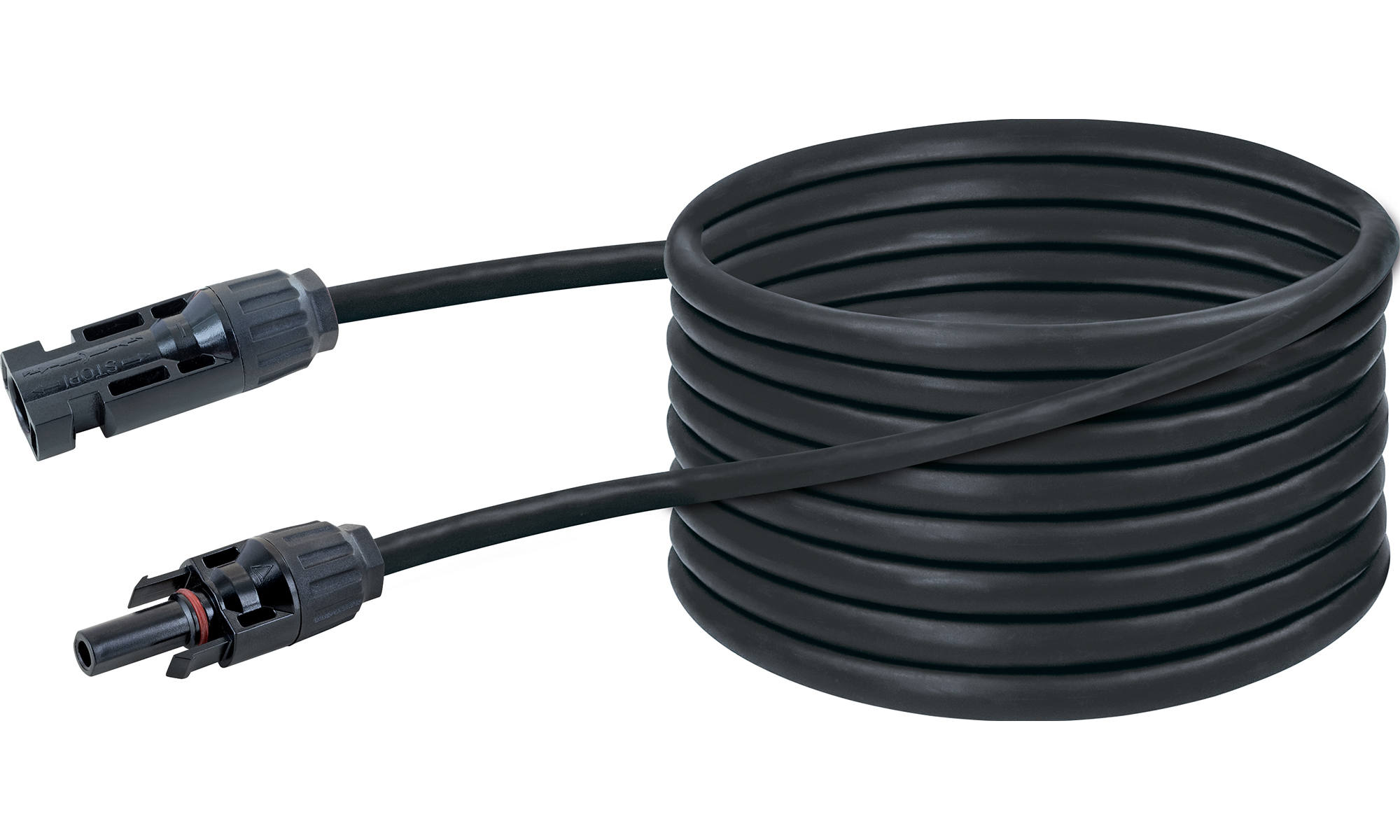 Zwinięty czarny kabel ze złączami. Kabel jest gruby i ma złącza na obu końcach.