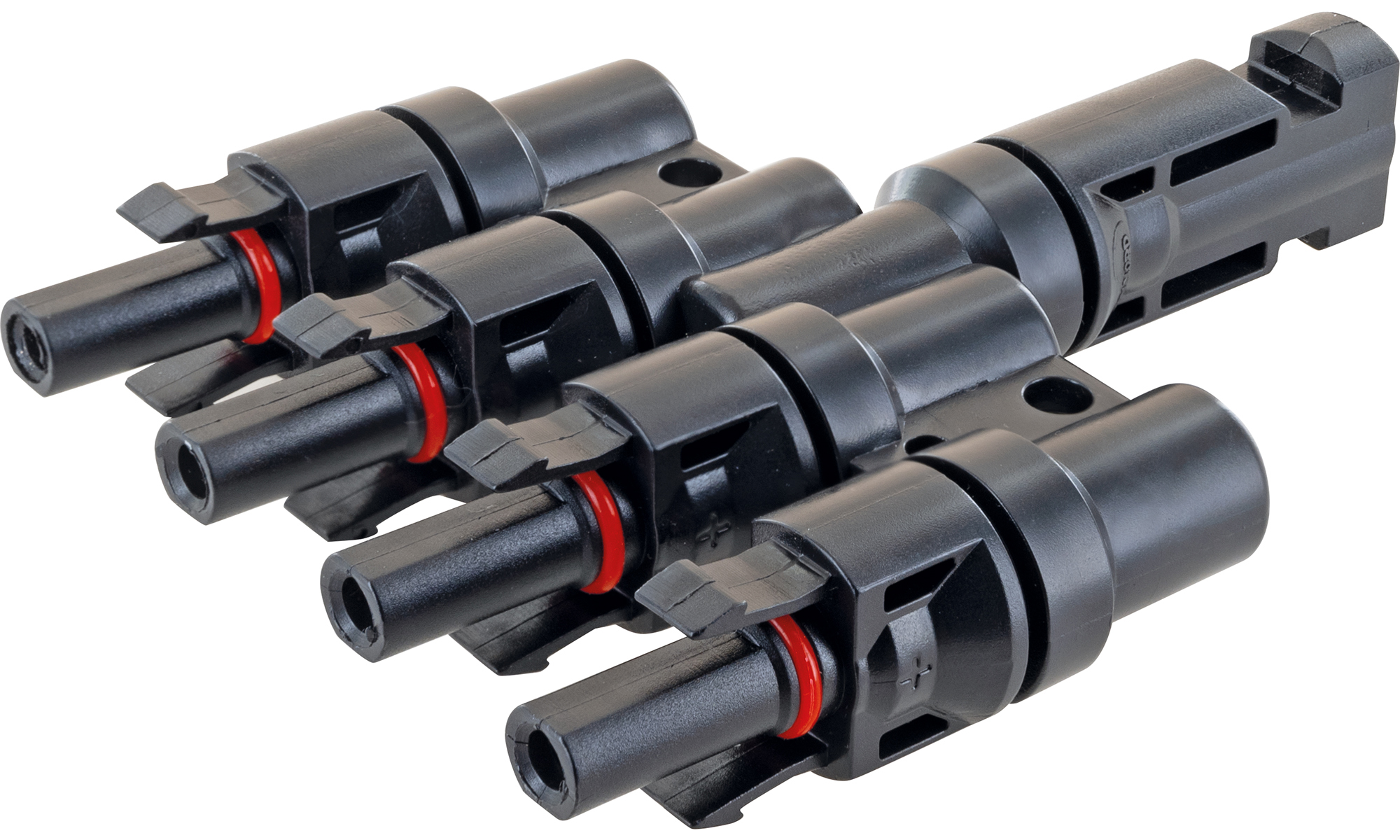 Mehrere schwarze Stecker mit roten Ringen auf weißem Hintergrund.