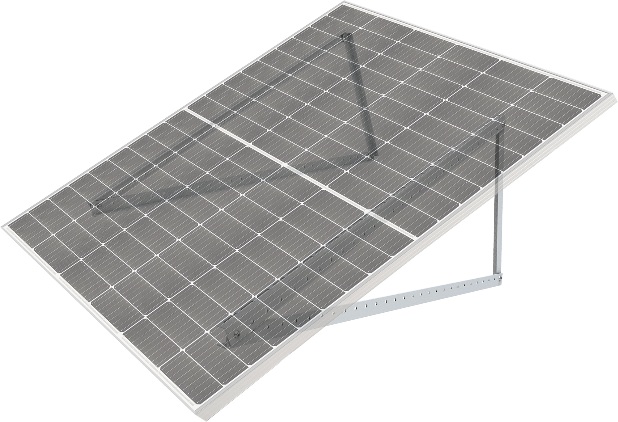 Ein Solarmodul, montiert auf einem Metallrahmen, abgewinkelt vor weißem Hintergrund.