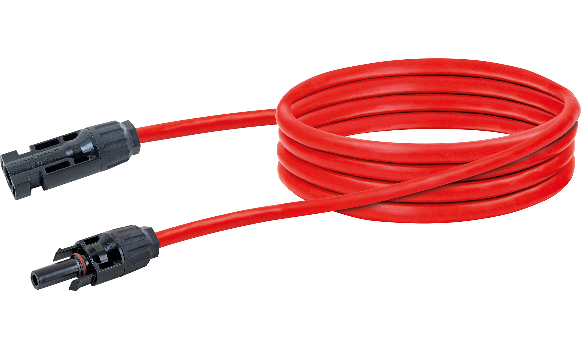 Czerwony kabel do paneli słonecznych z czarnymi złączami na białym tle.