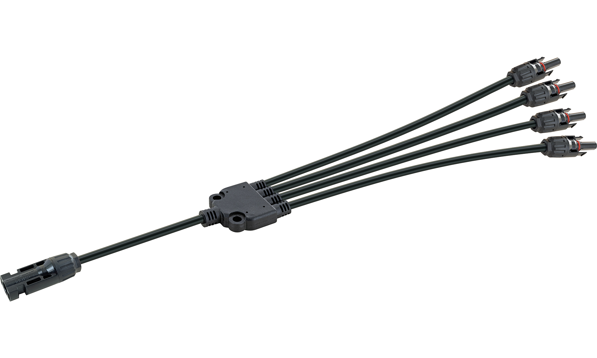 Czarny kabel z czterema złączami, rozgałęziającymi się z centralnego złącza.