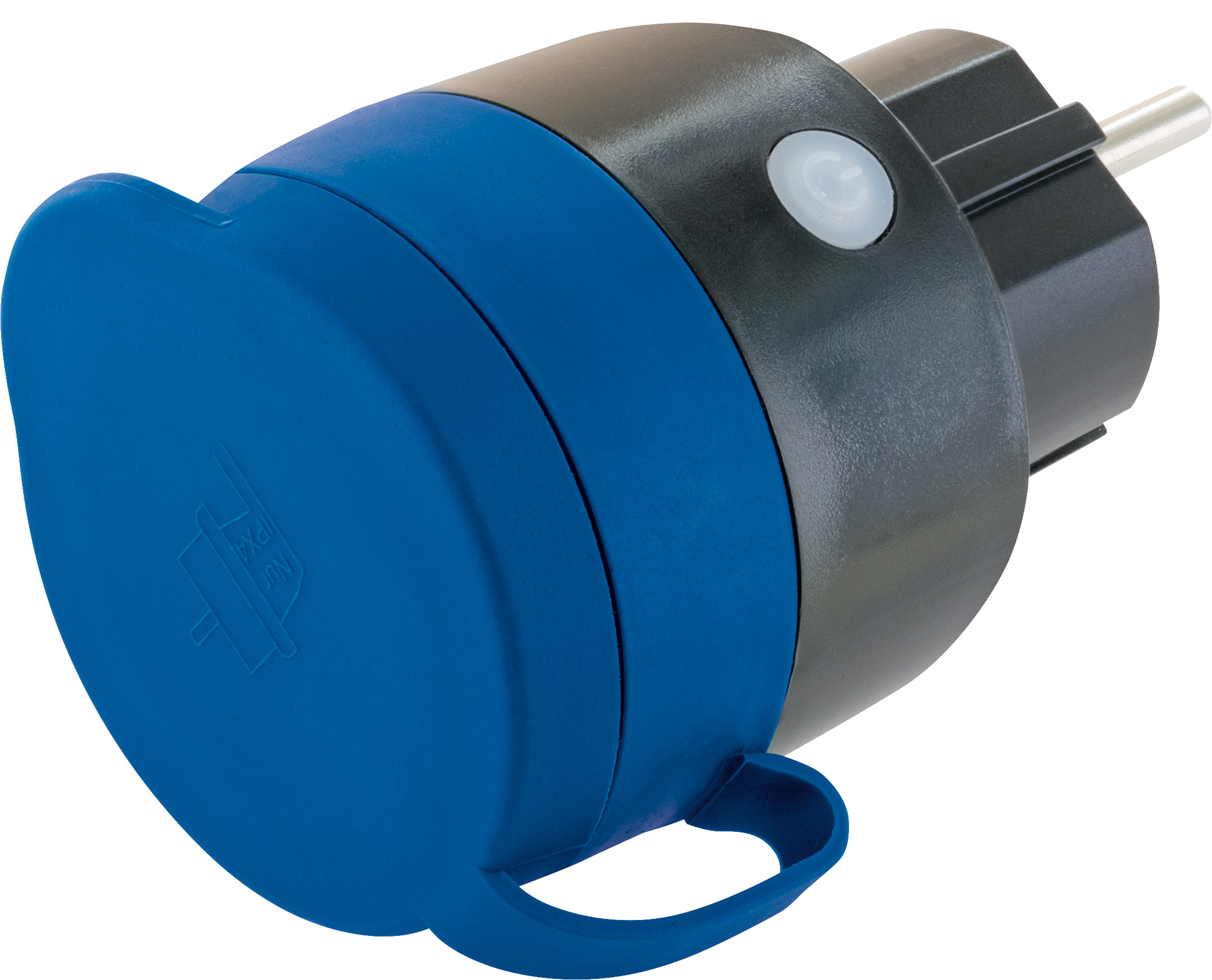 Blau-schwarzer Netzadapter mit weißem Knopf.