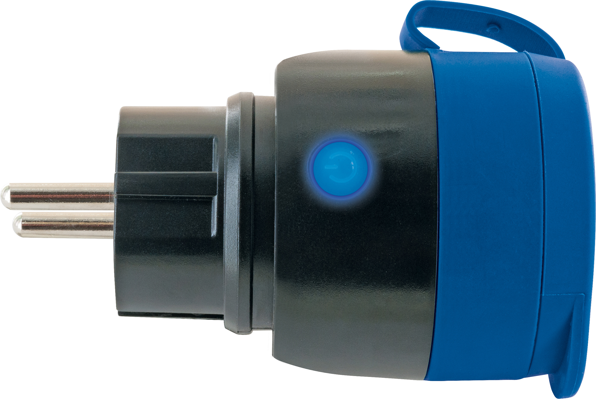Schwarz-blauer Adapter mit Stiften und einem blauen Knopf mit Licht.