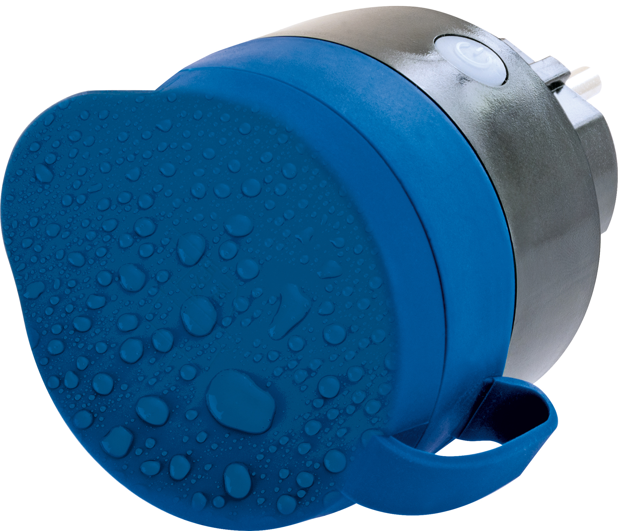 Blau-schwarzer Adapterstecker mit Wassertropfen.