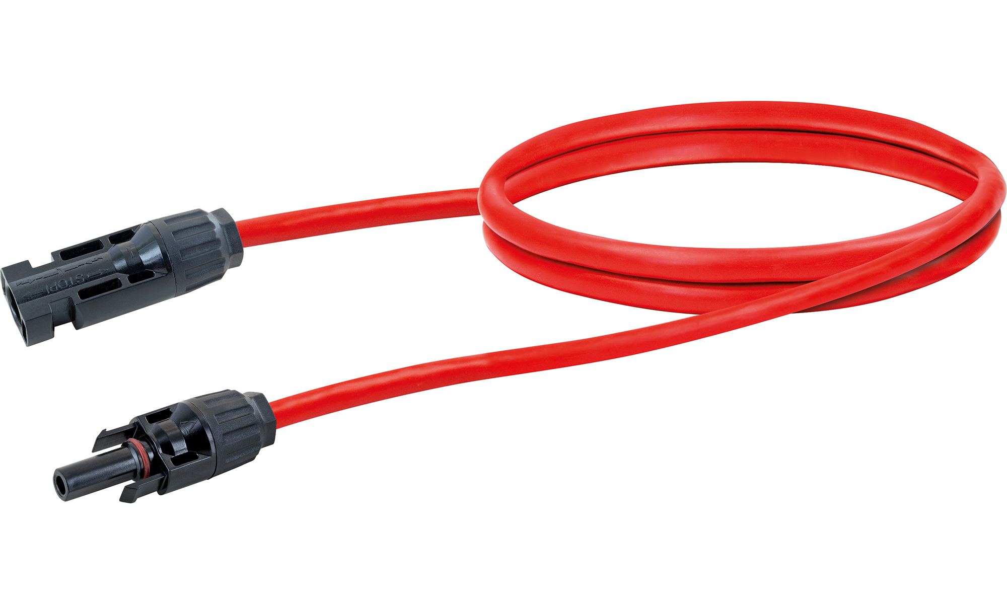Czerwony kabel z czarnymi złączami na każdym końcu, na białym tle.