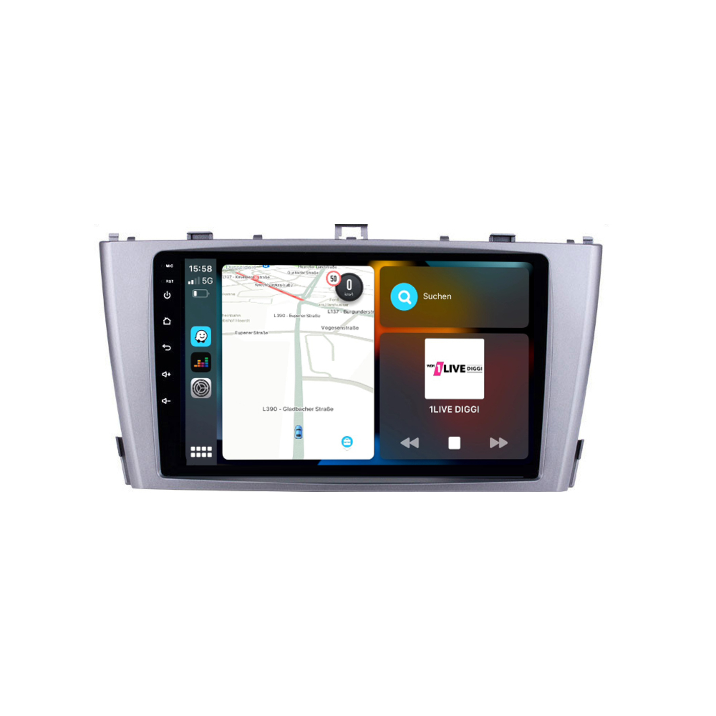 Ein Auto-Navigationsbildschirm mit Karte und App-Symbolen.