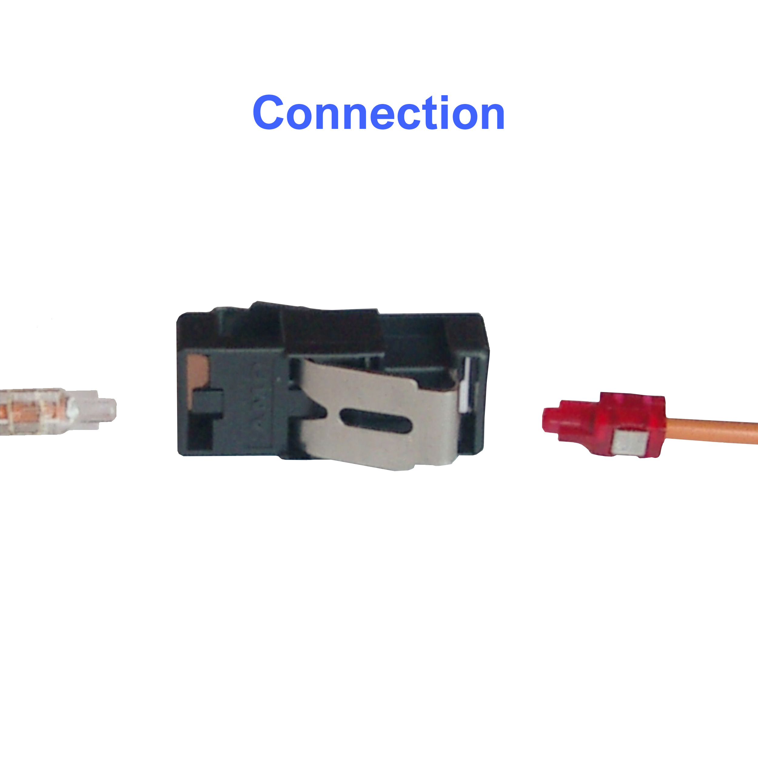 Schwarzer Stecker mit Drähten. Text oben: "Verbindung".