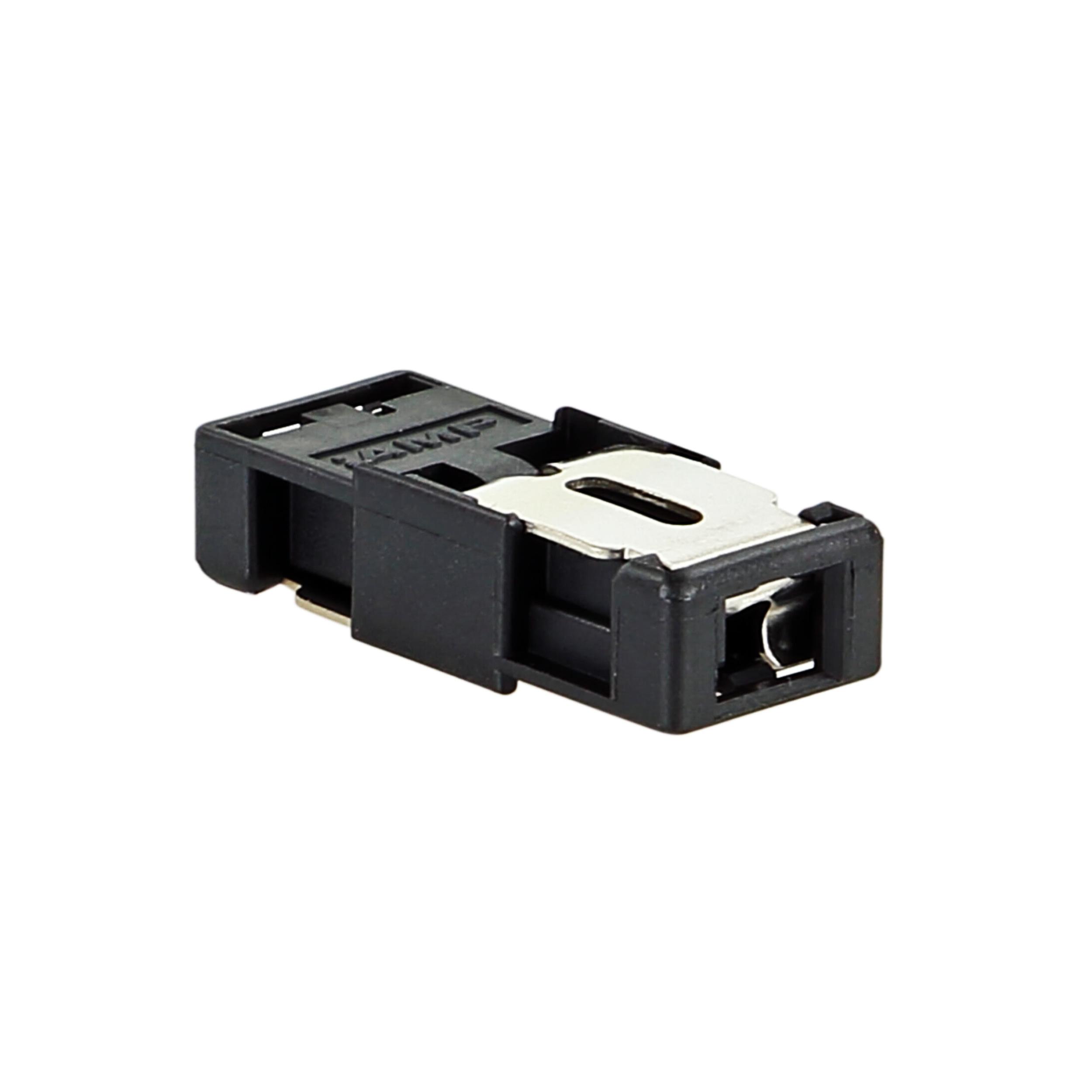 Ein schwarzer rechteckiger Stecker mit einem silbernen Metalleinsatz auf weißem Hintergrund.
