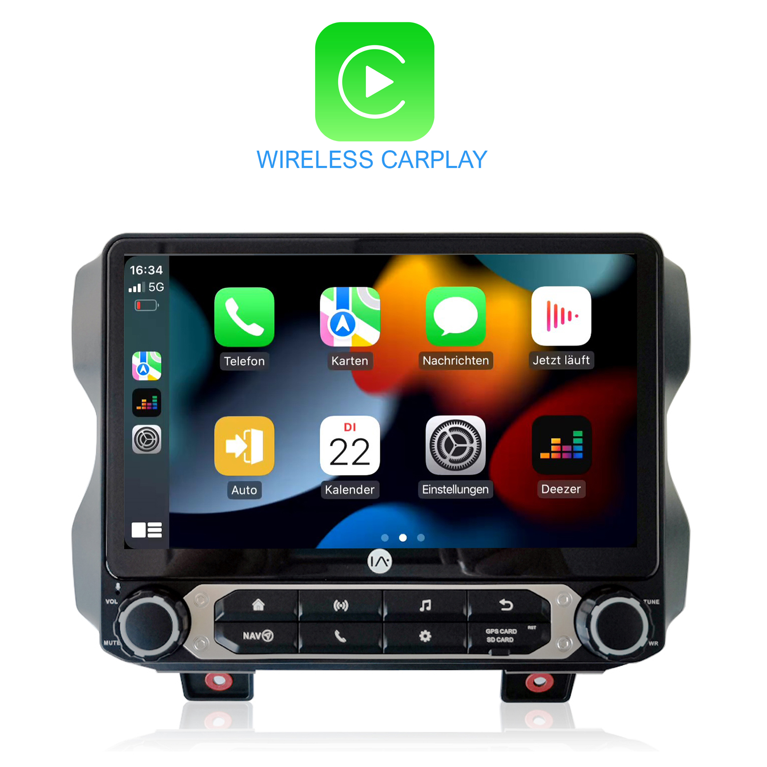Auto-Infotainment-Systembildschirm mit Navigations- und App-Symbolen.