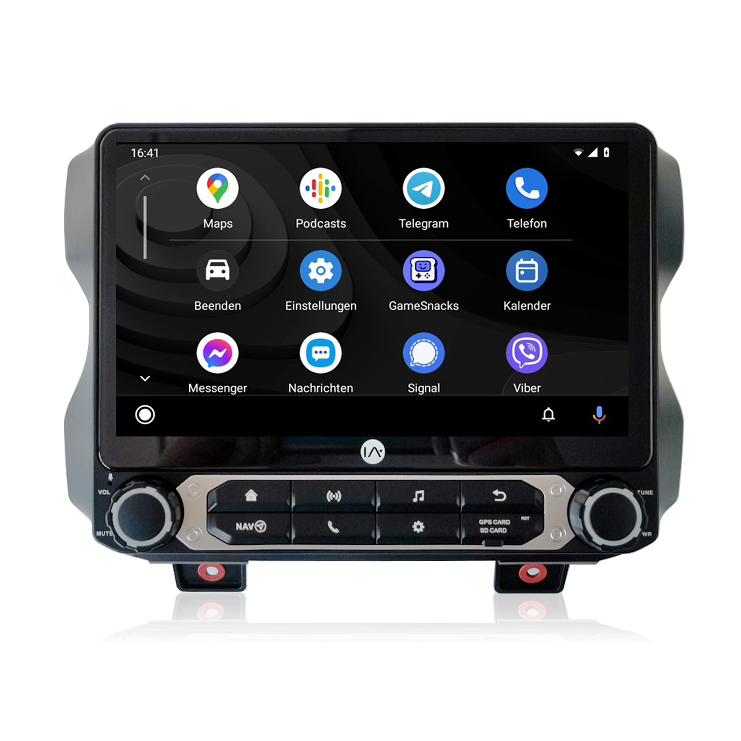 Autoradio mit App-Symbolen auf dem Bildschirm. Knöpfe unter dem Bildschirm.