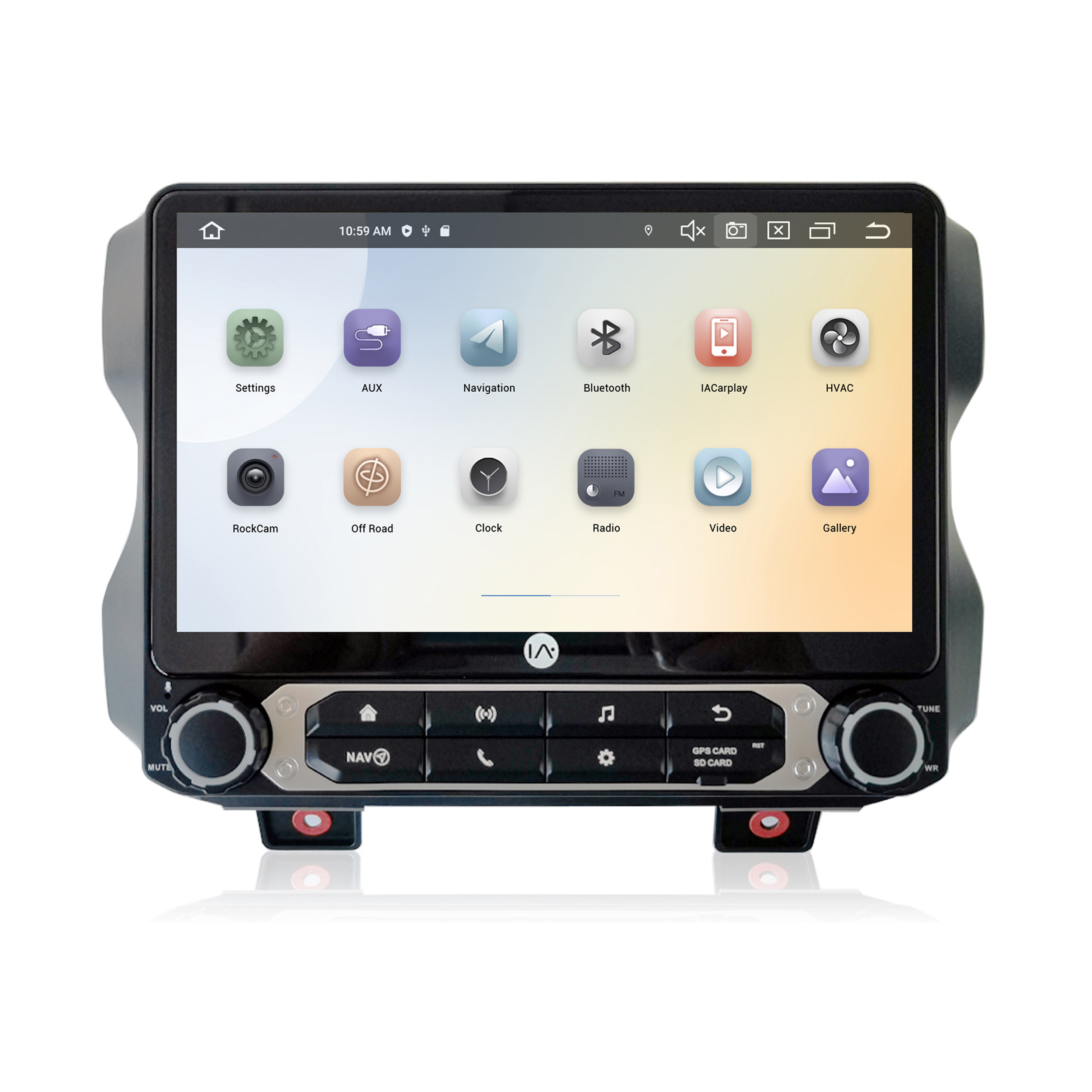 Ein Autoradio mit Touchscreen-Display, das Symbole anzeigt. Es ist schwarz.