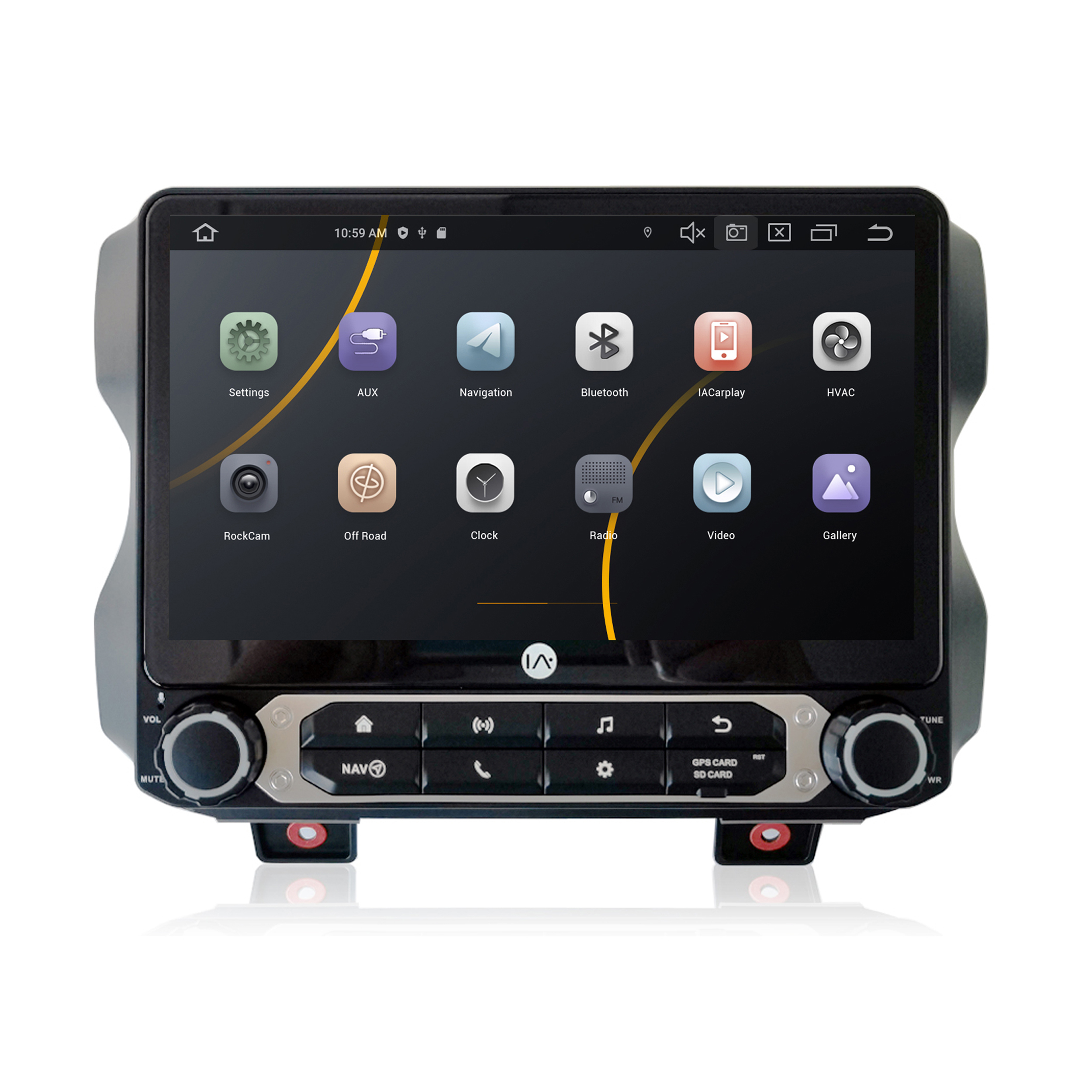 Ein Auto-Multimediasystem mit großem Bildschirm, der App-Symbole und Steuertasten anzeigt, isoliert auf Weiß.