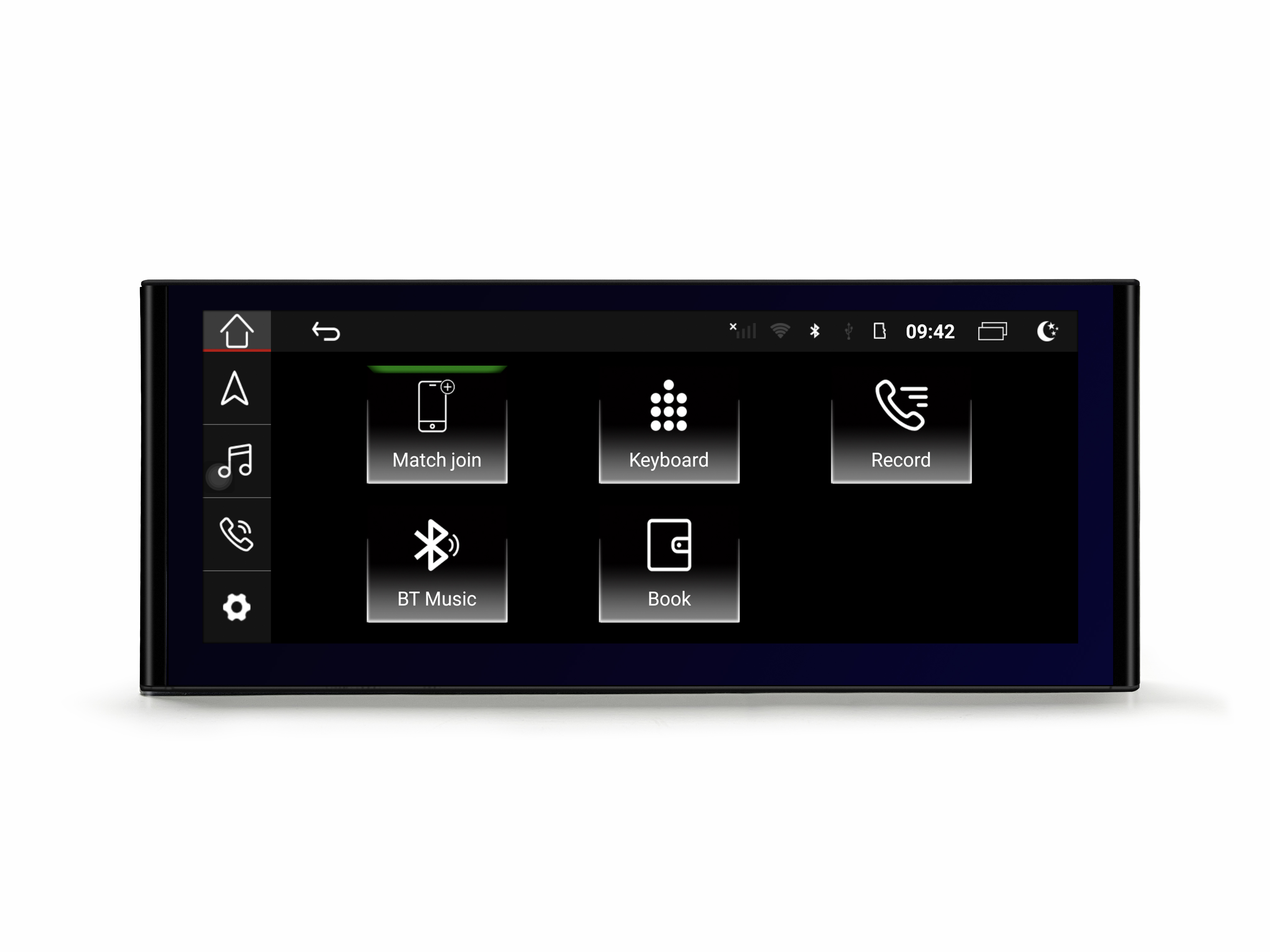 Autobildschirm-Oberfläche mit Symbolen für Home, Musik, Bluetooth, Telefon, Tastatur und Buchoptionen.