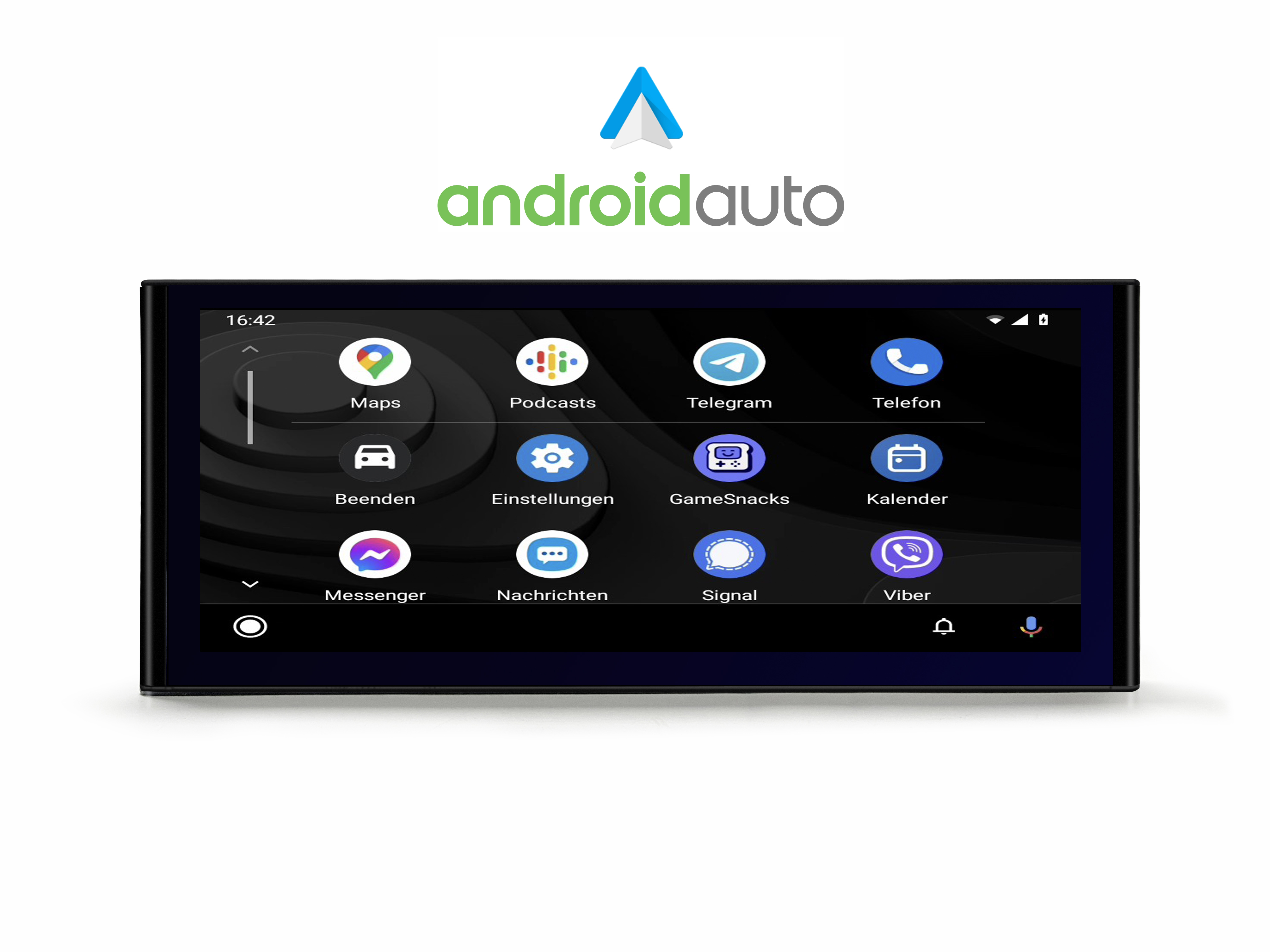 Android Auto-Anzeige auf einem Auto-Bildschirm, zeigt App-Symbole, mit Android Auto-Logo.