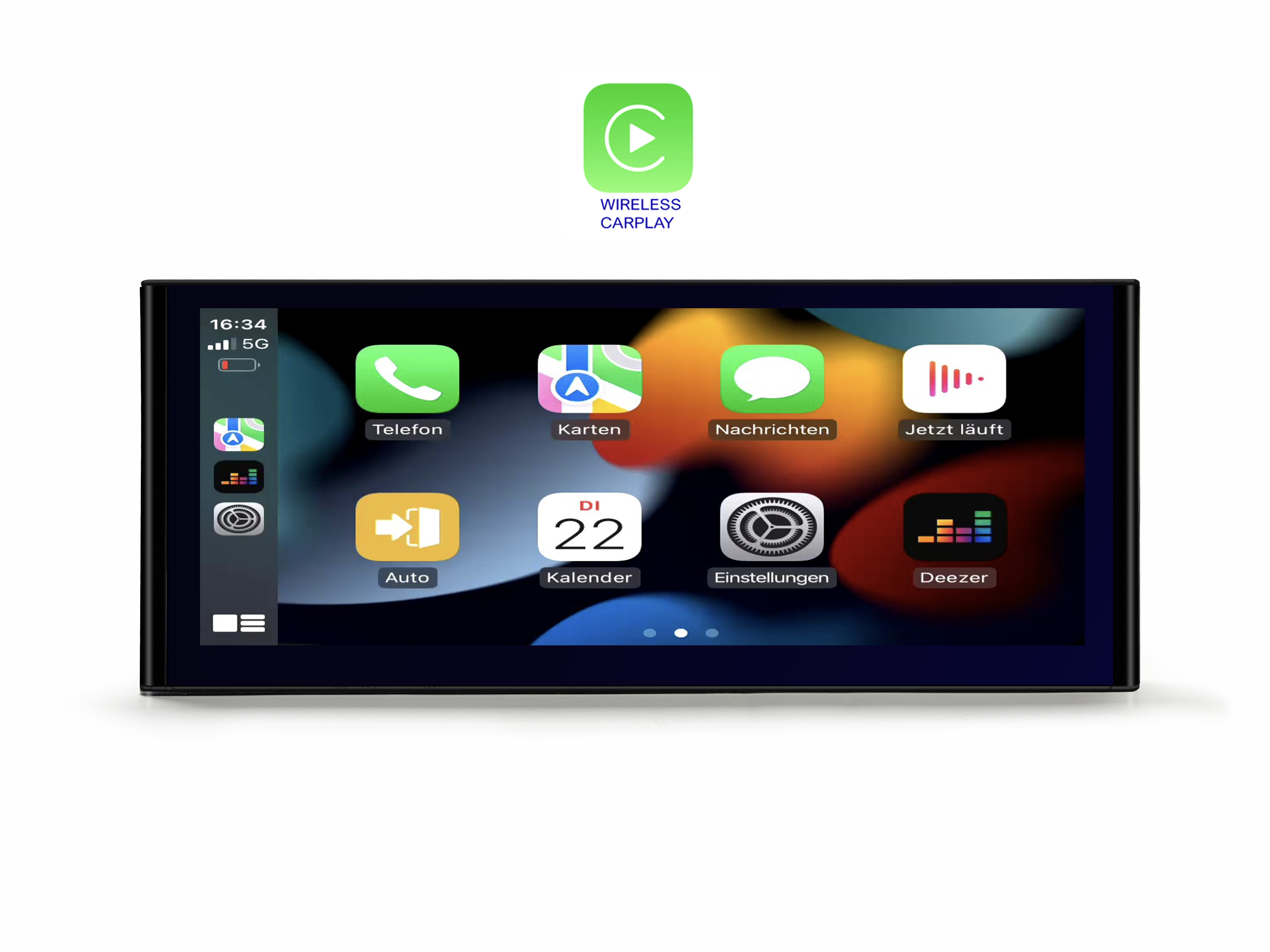 Ein Auto-Bildschirm zeigt App-Symbole mit einem grünen Wireless CarPlay-Logo. Die Oberfläche ist auf Deutsch.