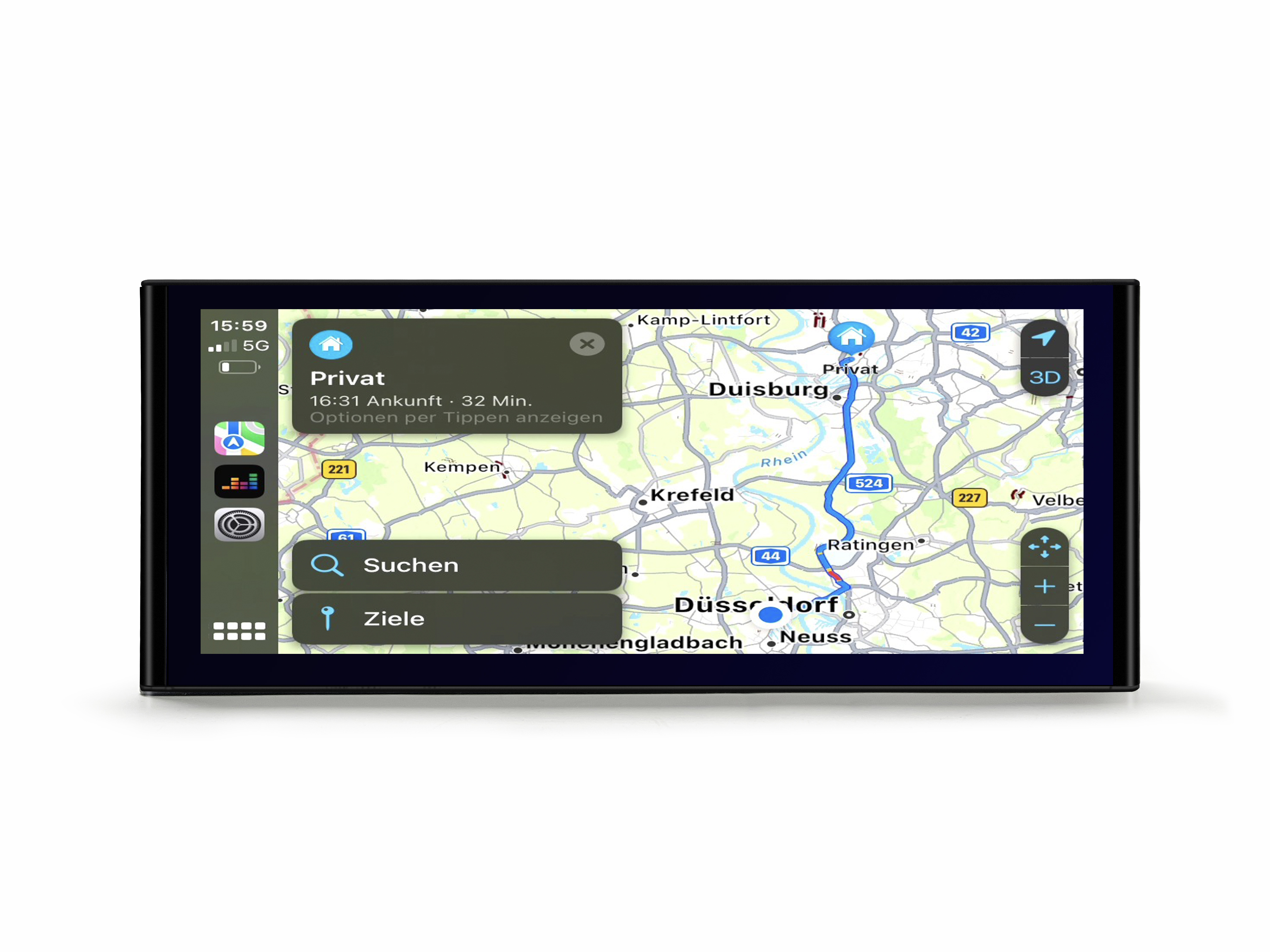 Auto-Infotainment-System mit Navigationskarte. Der Bildschirm zeigt eine Kartenansicht.