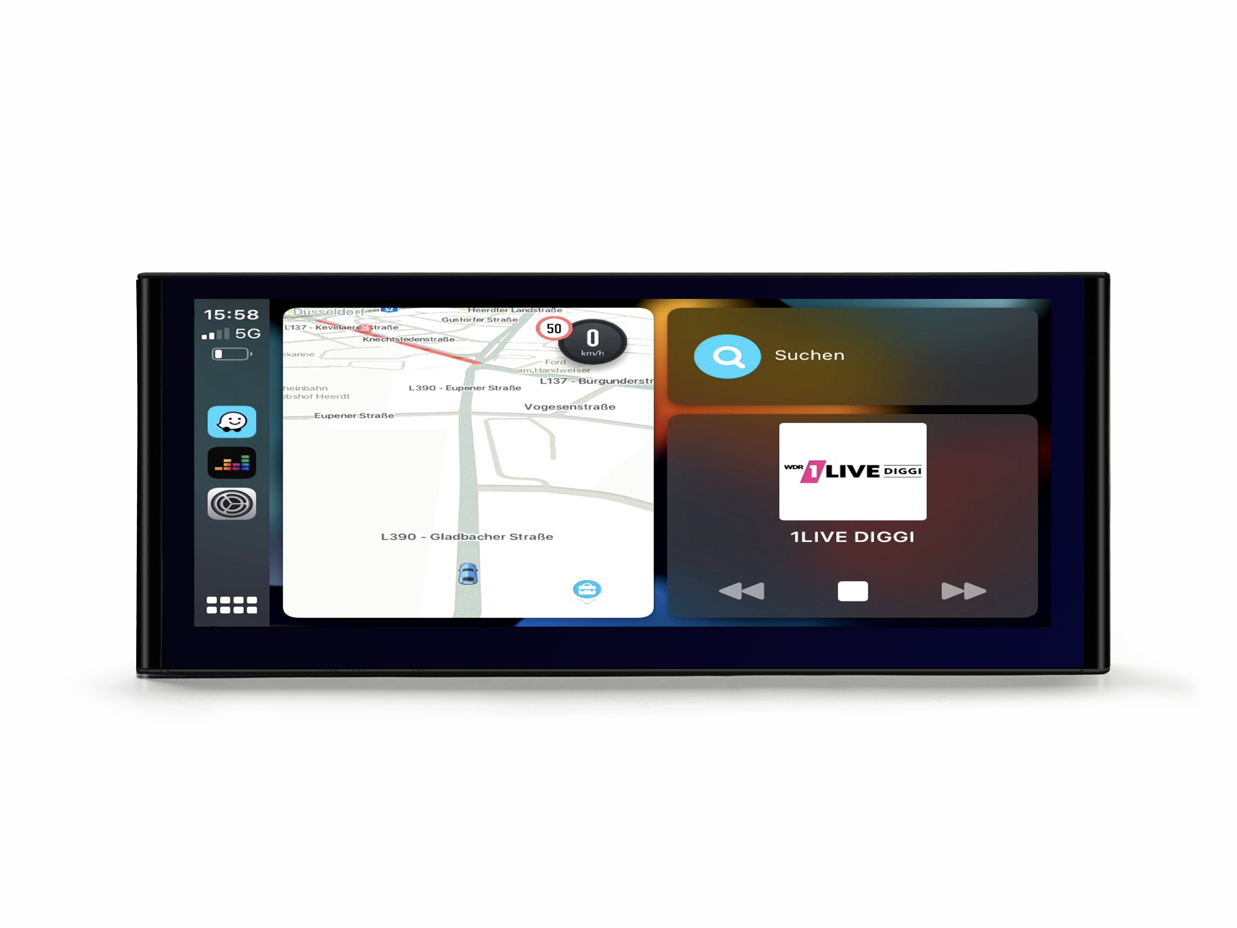 Auto-Multimediasystem-Oberfläche mit Karte, Navigation und App-Symbolen, die auf einem Touchscreen angezeigt werden.