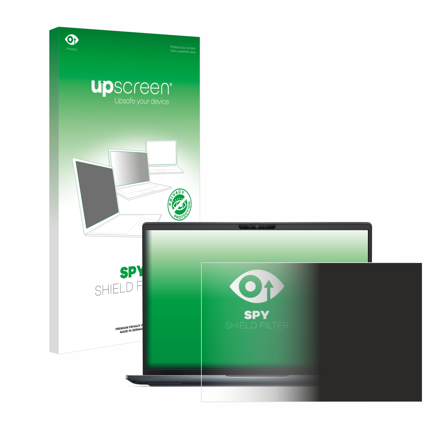 Ein Laptop, eine Displayschutzfolie und eine Verpackung. Der Laptop ist schwarz. Die Verpackung ist weiß und grün.