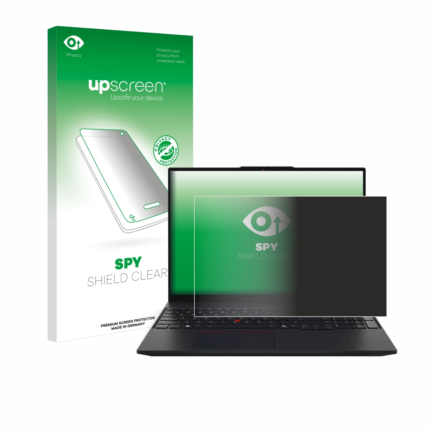 Ein Laptop mit Displayschutz, neben einer Box mit dem Upscreen-Logo.
