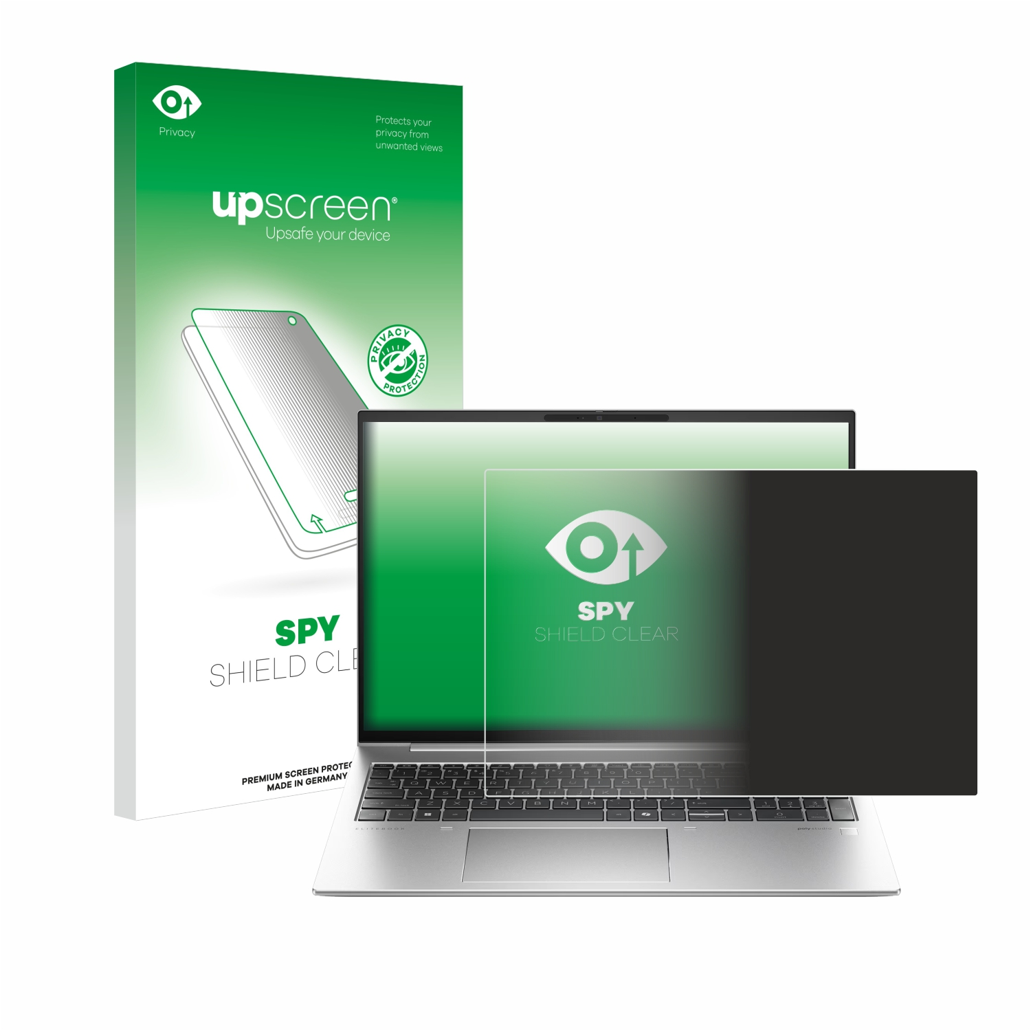 Ein Laptop, ein Displayschutz und eine Verpackung auf weißem Hintergrund. Der Laptop ist silberfarben, die Box grün.