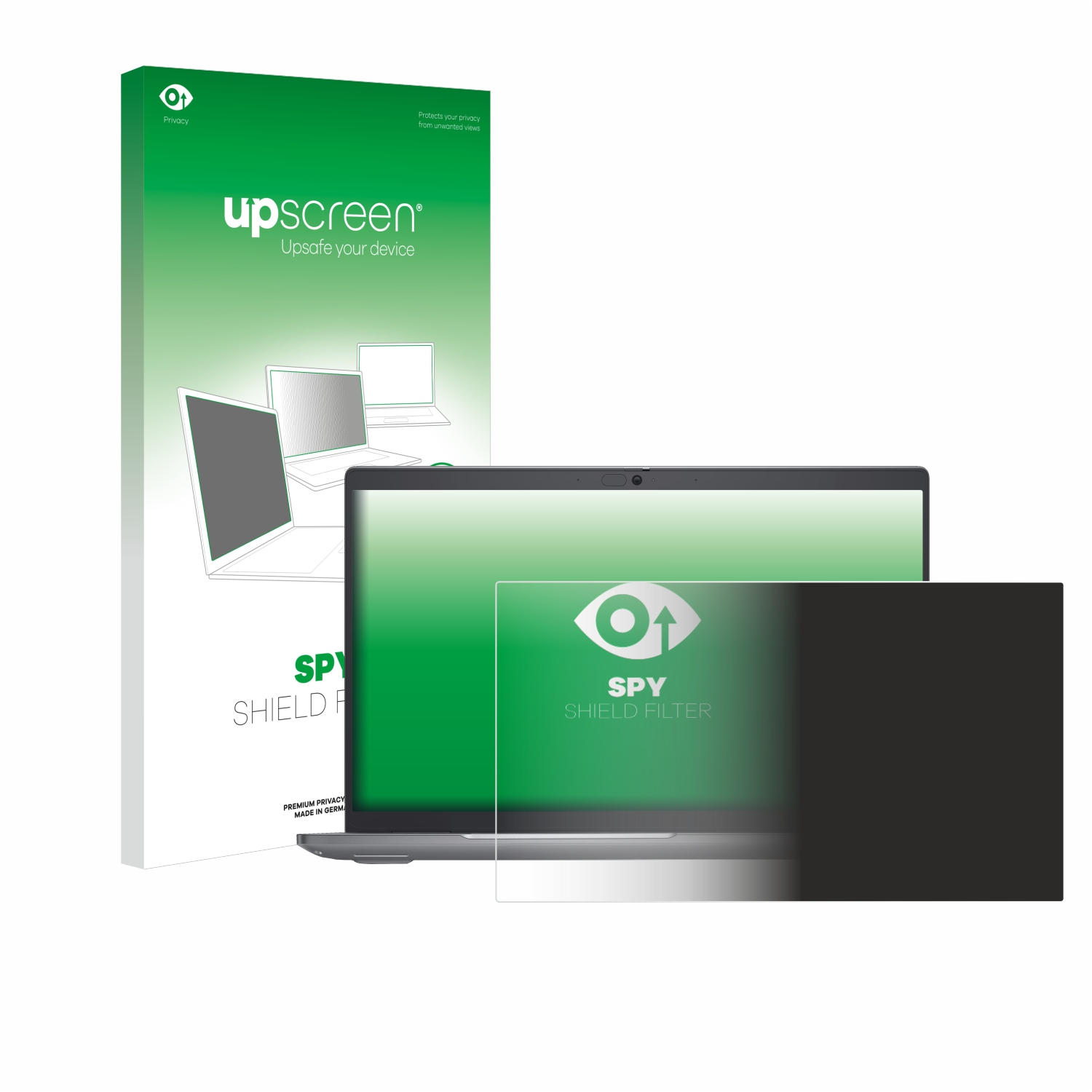 Laptop mit Displayschutz. Der Schutz bedeckt den Bildschirm und die Schachtel im Hintergrund.