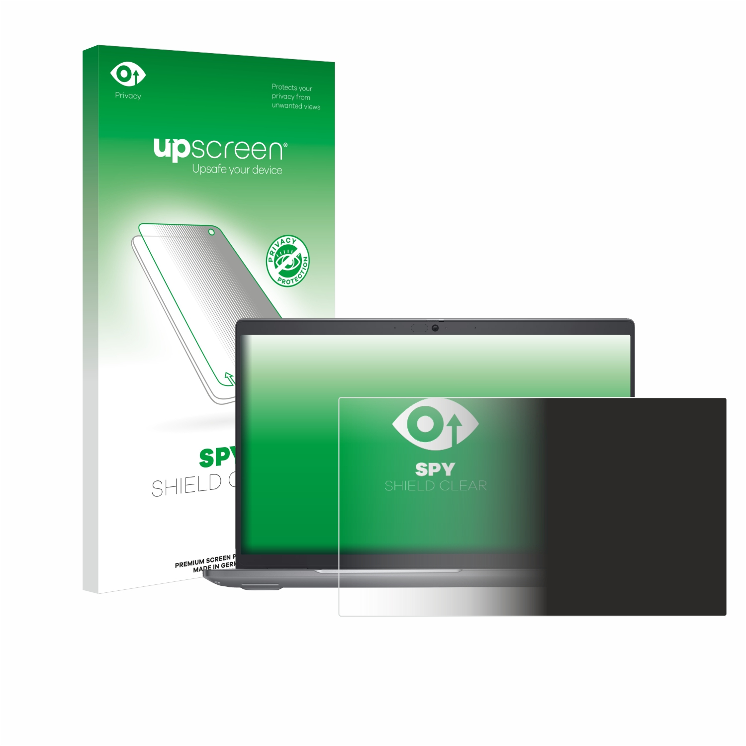 Laptop mit Blickschutz und einer Box. Auf der Box steht 'up screen' und 'Spy Shield Clear'.