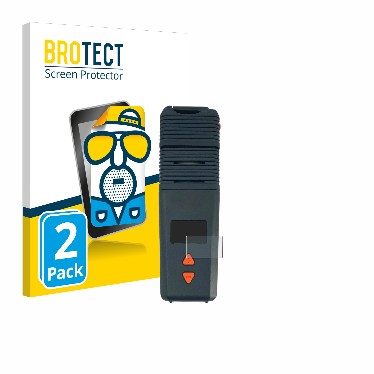 Dunkelgrauer Vaporizer mit Displayschutz und Box mit Cartoonbrille.