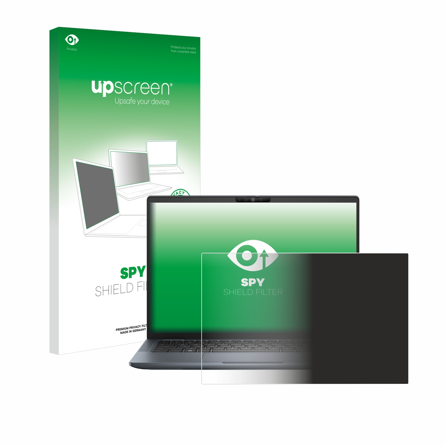 Laptop mit einem Blickschutzfilter und einer Box mit Privatsphäre. Der Bildschirm ist schwarz.