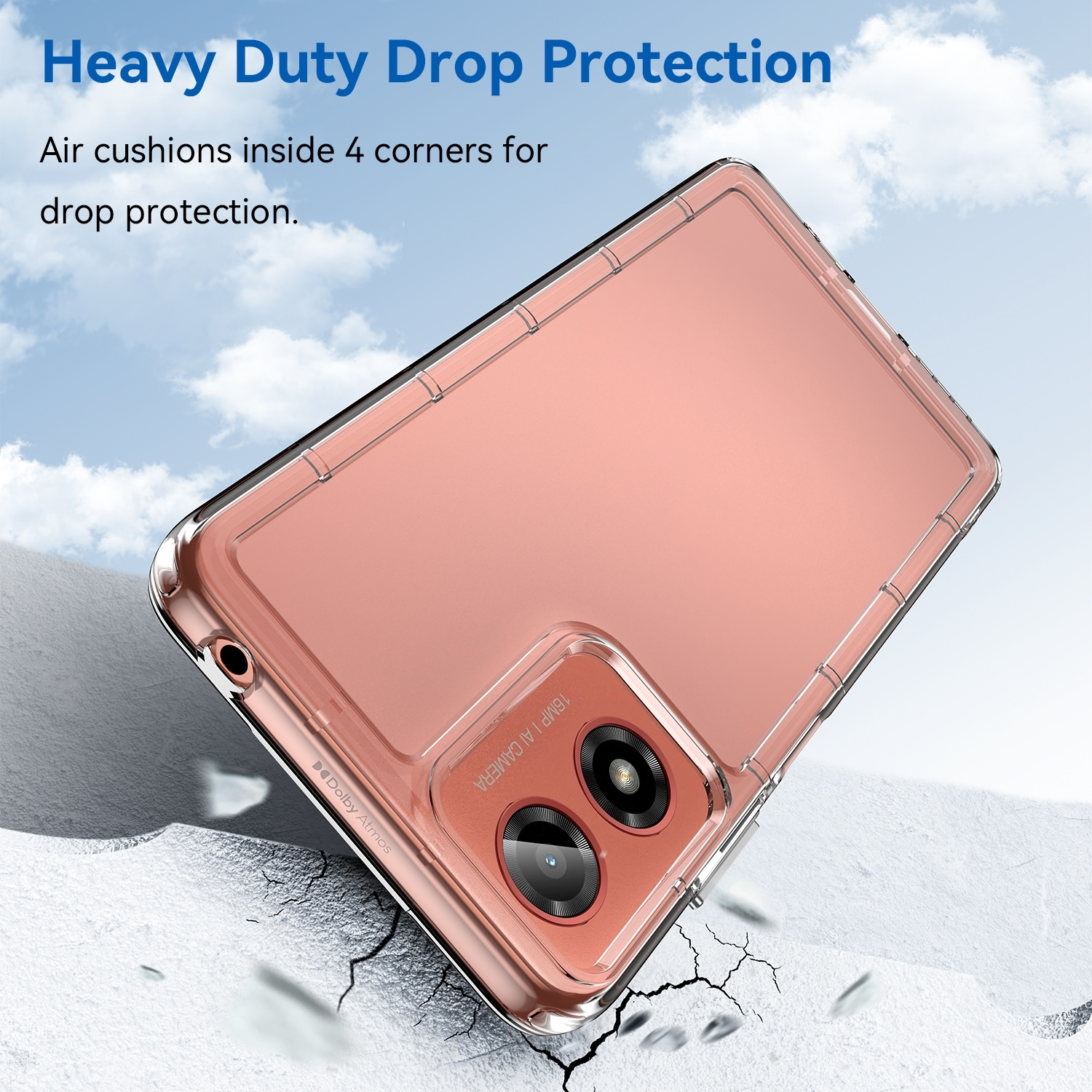 Transparente Handyhülle auf pinkem Telefon. Text sagt Heavy Duty Drop Protection. Hülle hat Kamera- und Knopfausschnitte.