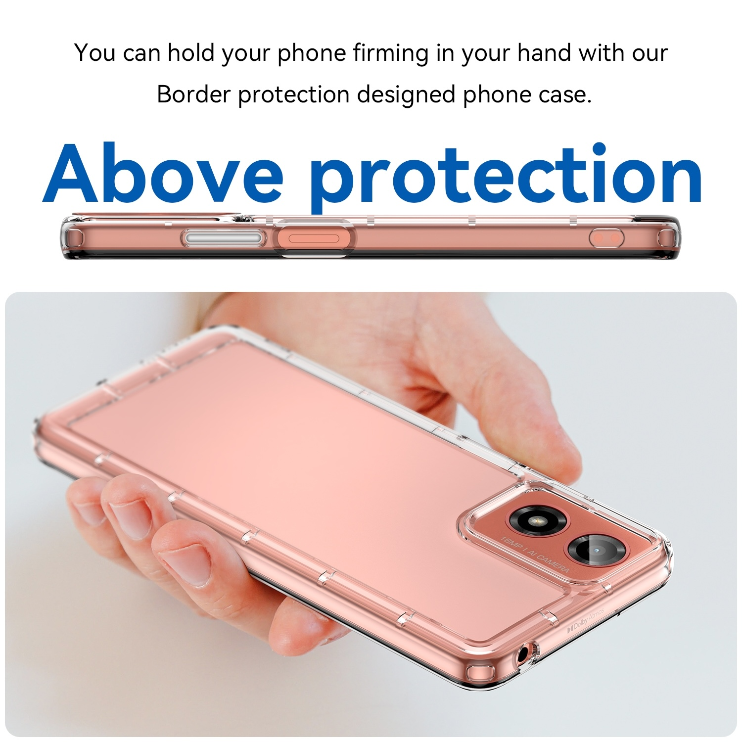 Ein Telefon in einer roségoldenen Hülle wird von einer Hand gehalten. Die Hülle hat eine transparente Rückseite.