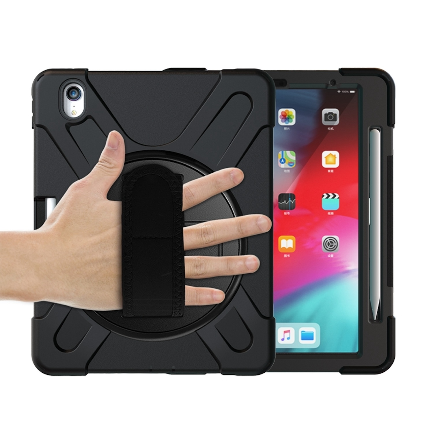 Eine Hand hält ein schwarzes Tablet in einer Hülle und zeigt den Bildschirm. Ein Stift ist rechts.
