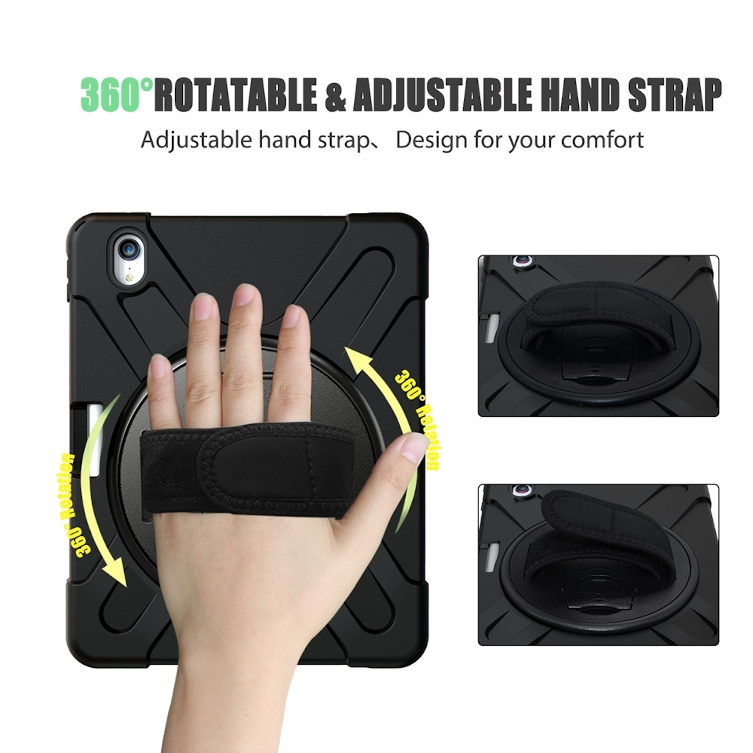 Eine schwarze Tablethülle mit Handschlaufe. Sie hat eine drehbare Handschlaufe und ein paar andere Funktionen.