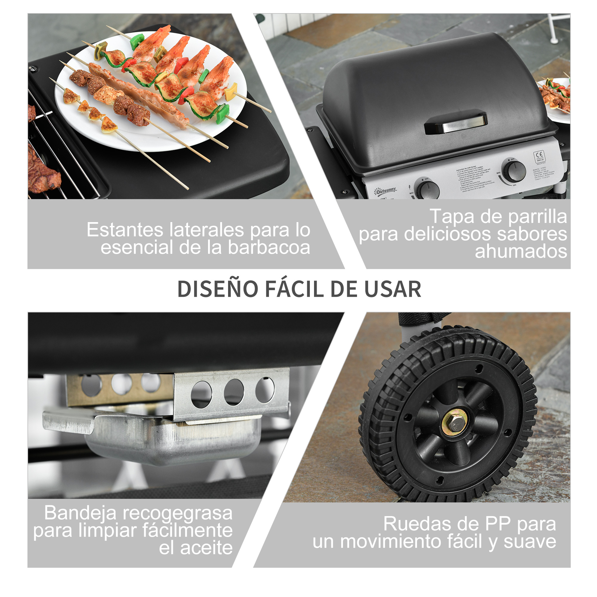 Primer plano de una parrilla negra con accesorios. Incluye un plato de camarones y brochetas.
