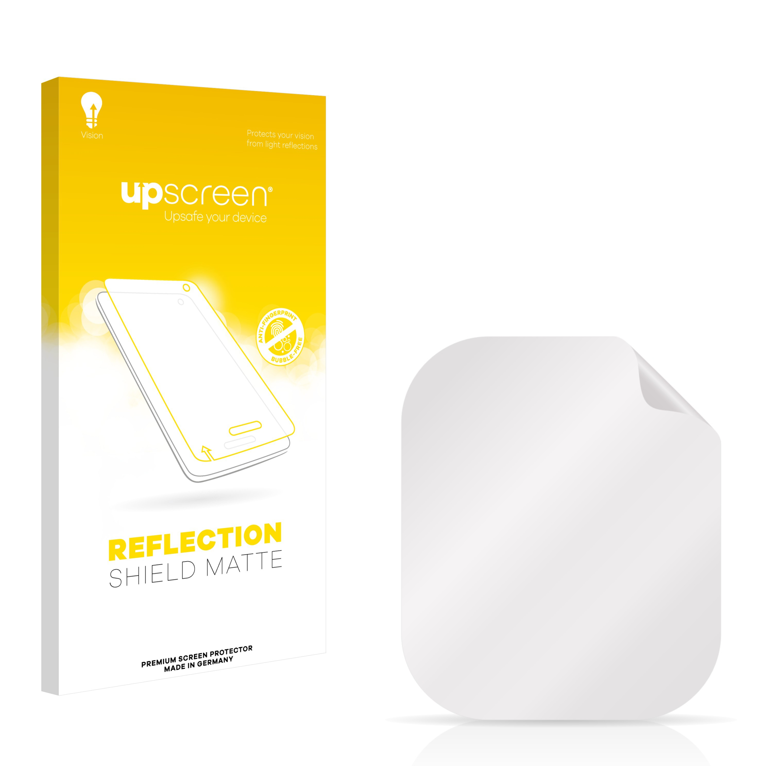 Weiße Box mit gelbem upscreen Reflection Shield Matte-Etikett, Telefonumriss und klarer Schutzfolie.