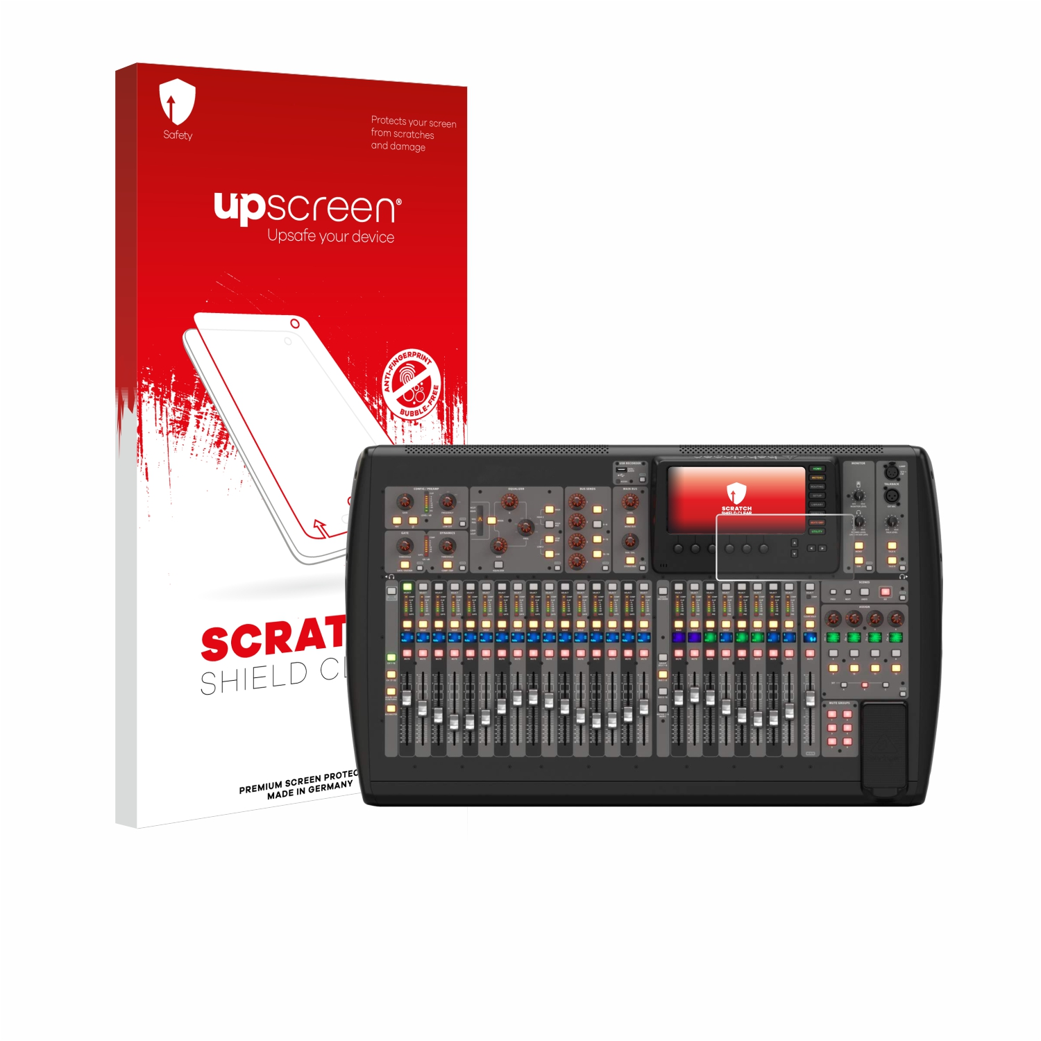 Soundmischer mit Displayschutzfolie, Box mit Logo. Der Hintergrund ist weiß.